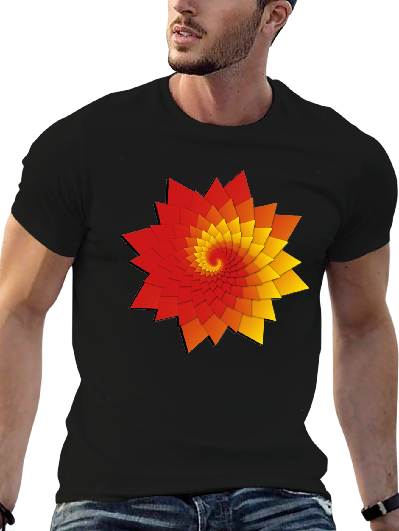 Geometric Spiral Graphic Print Black T-Shirt
