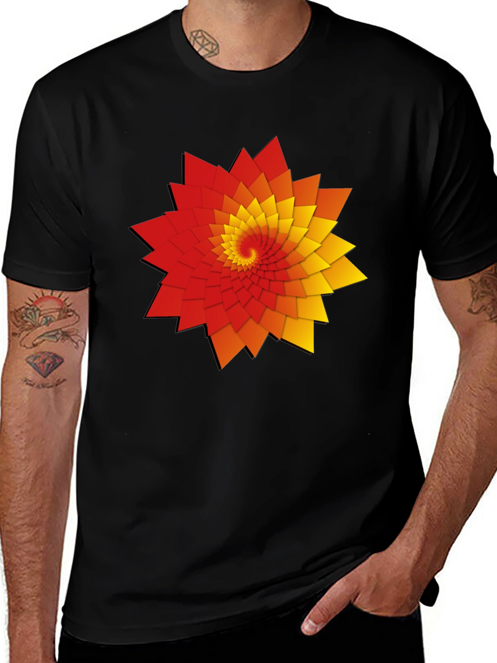 Geometric Spiral Graphic Print Black T-Shirt