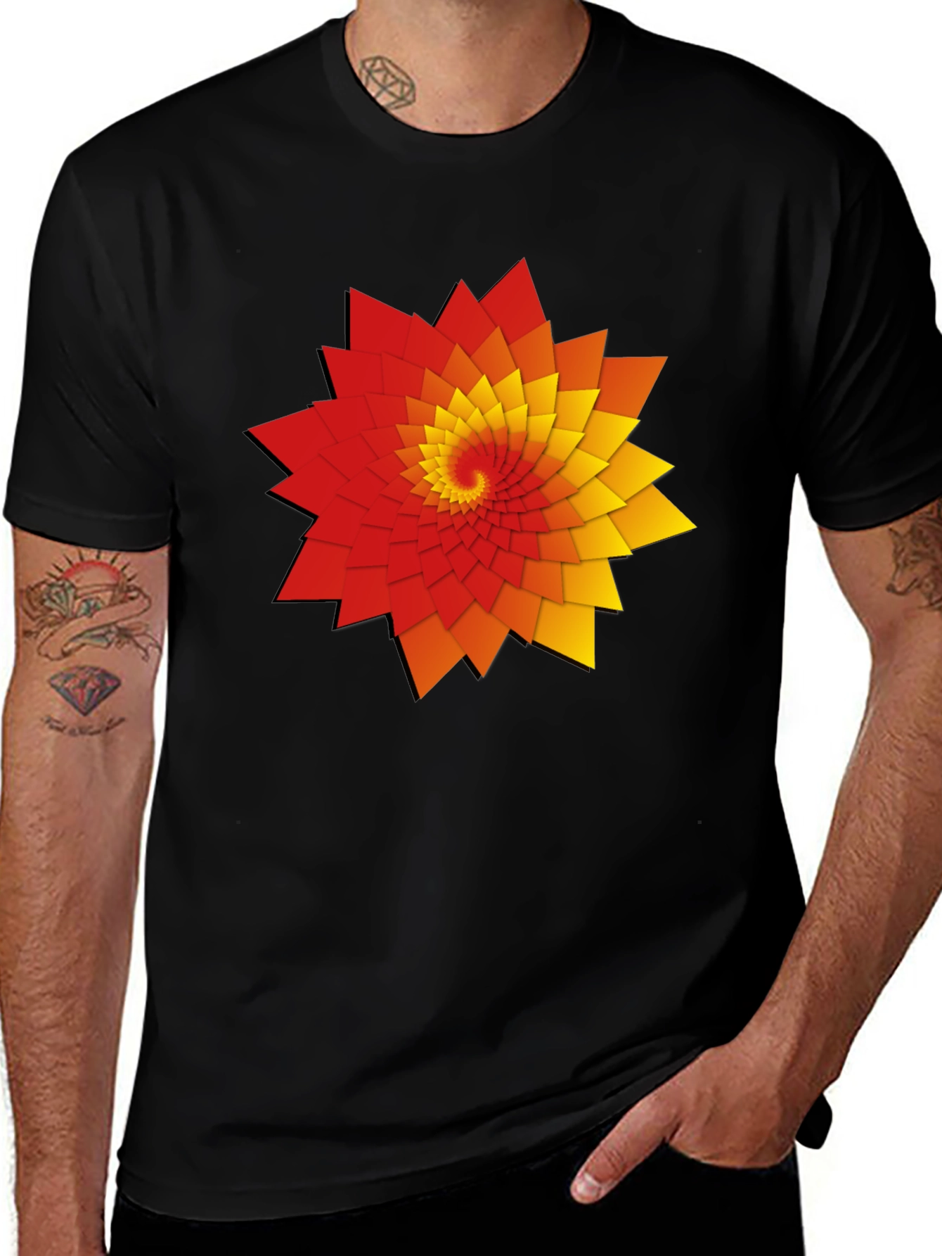 Geometric Spiral Graphic Print Black T-Shirt