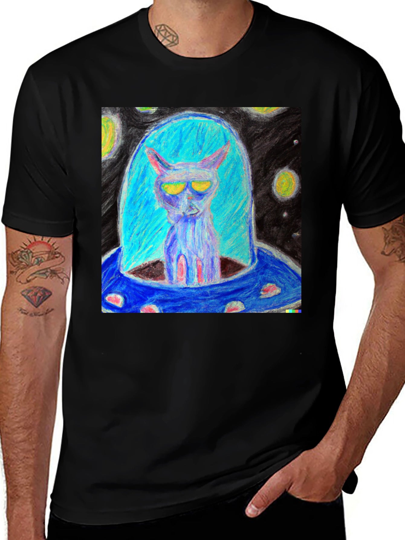 Alien Cat UFO Graphic Tee - Black