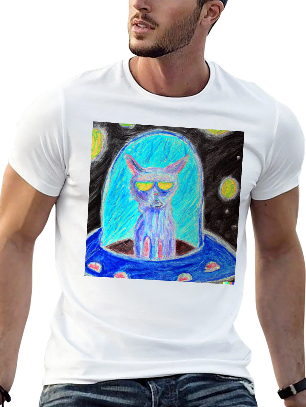 Alien Cat UFO Graphic Tee - Black