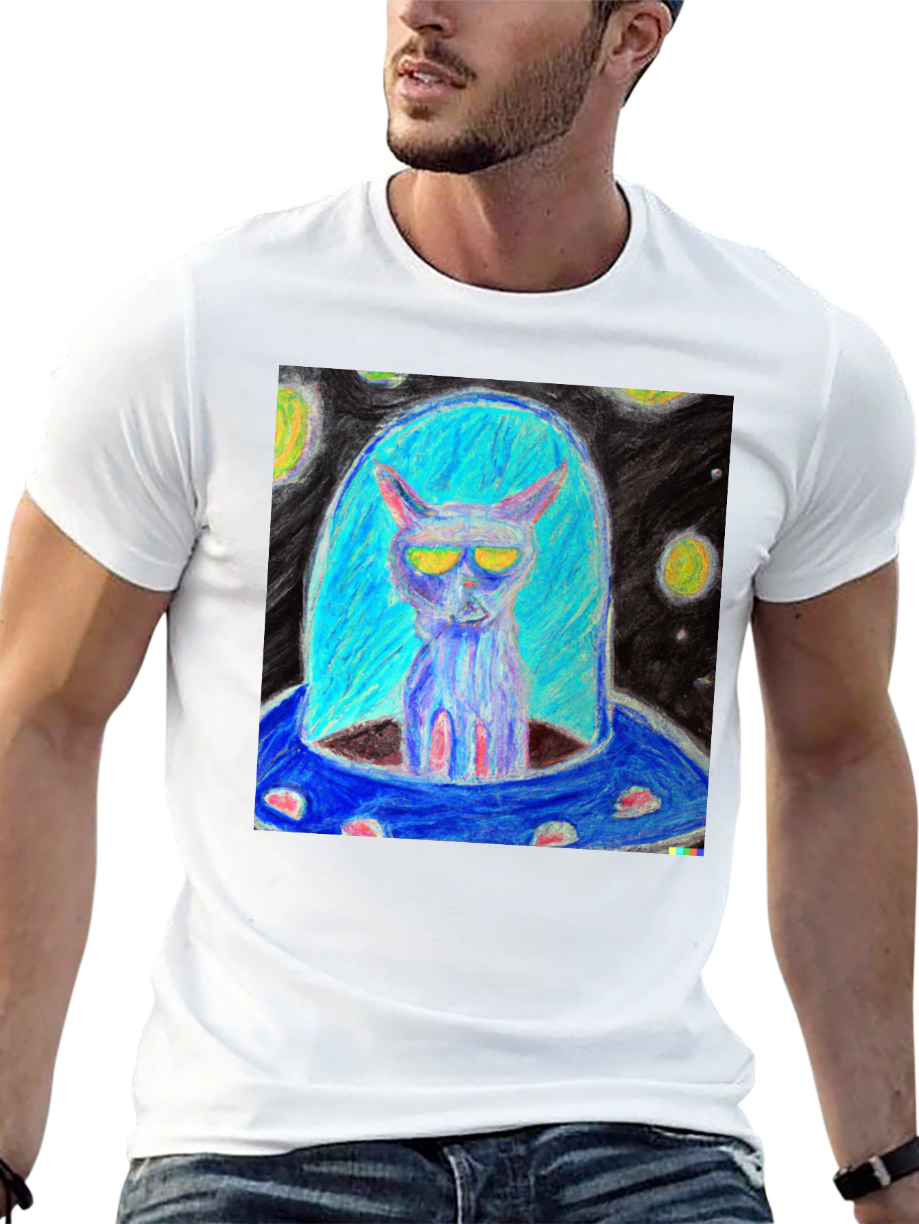 Alien Cat UFO Graphic Tee - Black