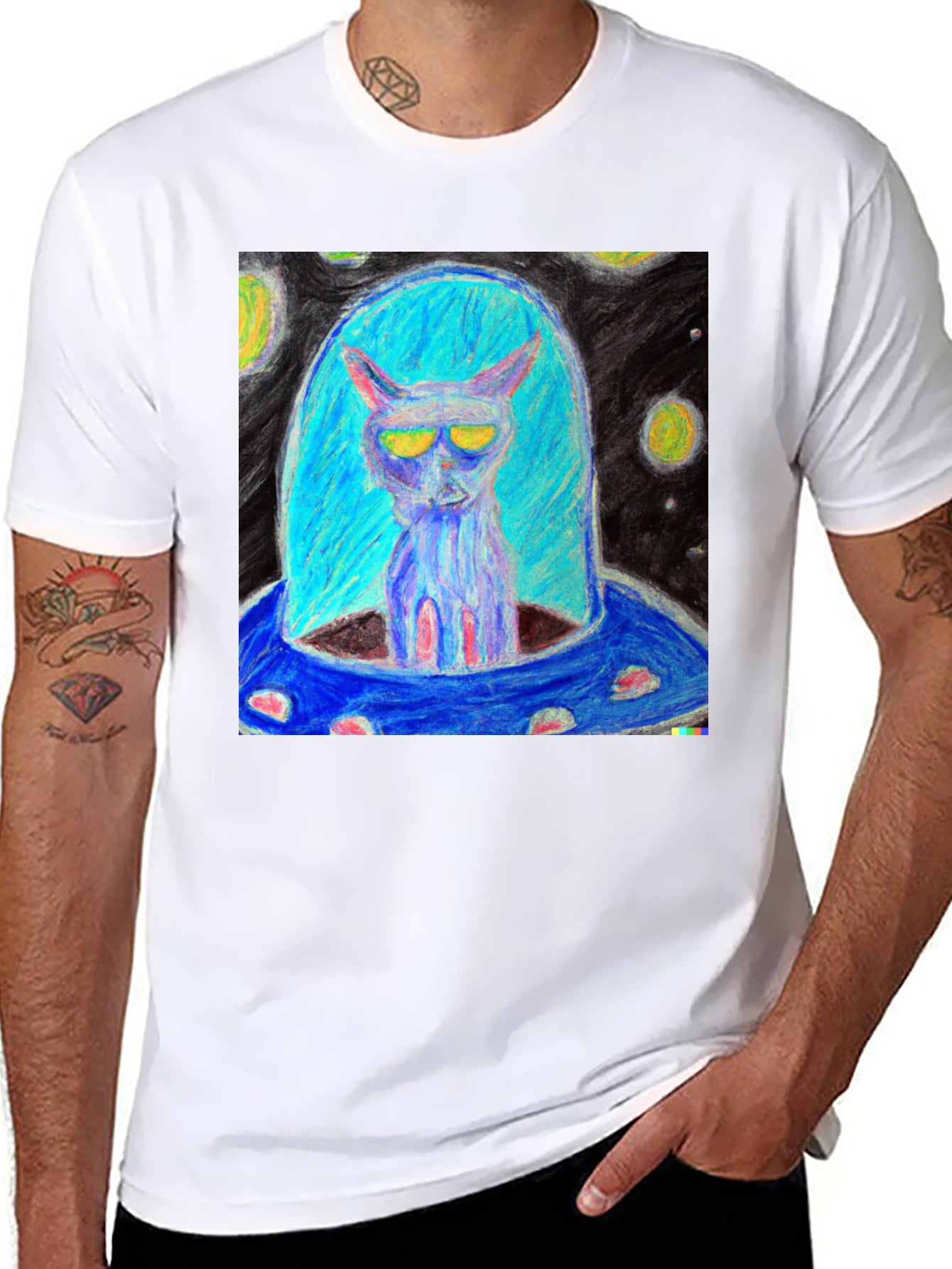 Alien Cat UFO Graphic Tee - Black
