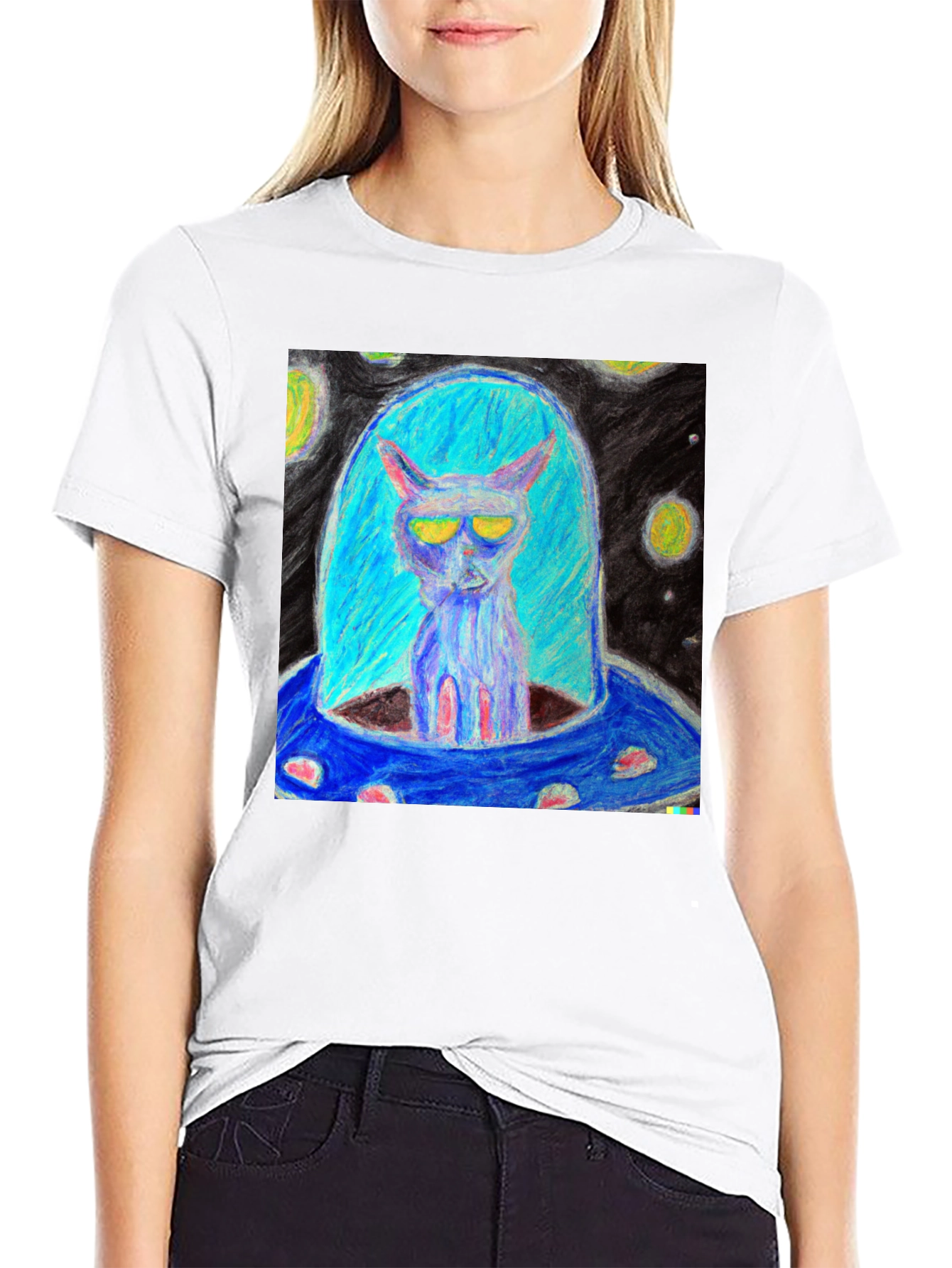 Alien Cat UFO Graphic Tee - Black