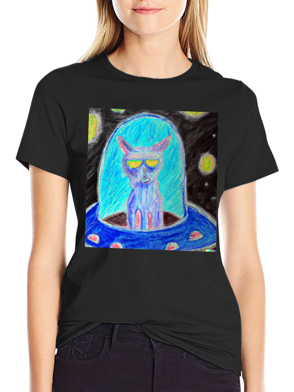 Alien Cat UFO Graphic Tee - Black
