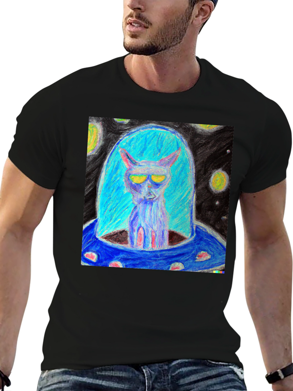 Alien Cat UFO Graphic Tee - Black