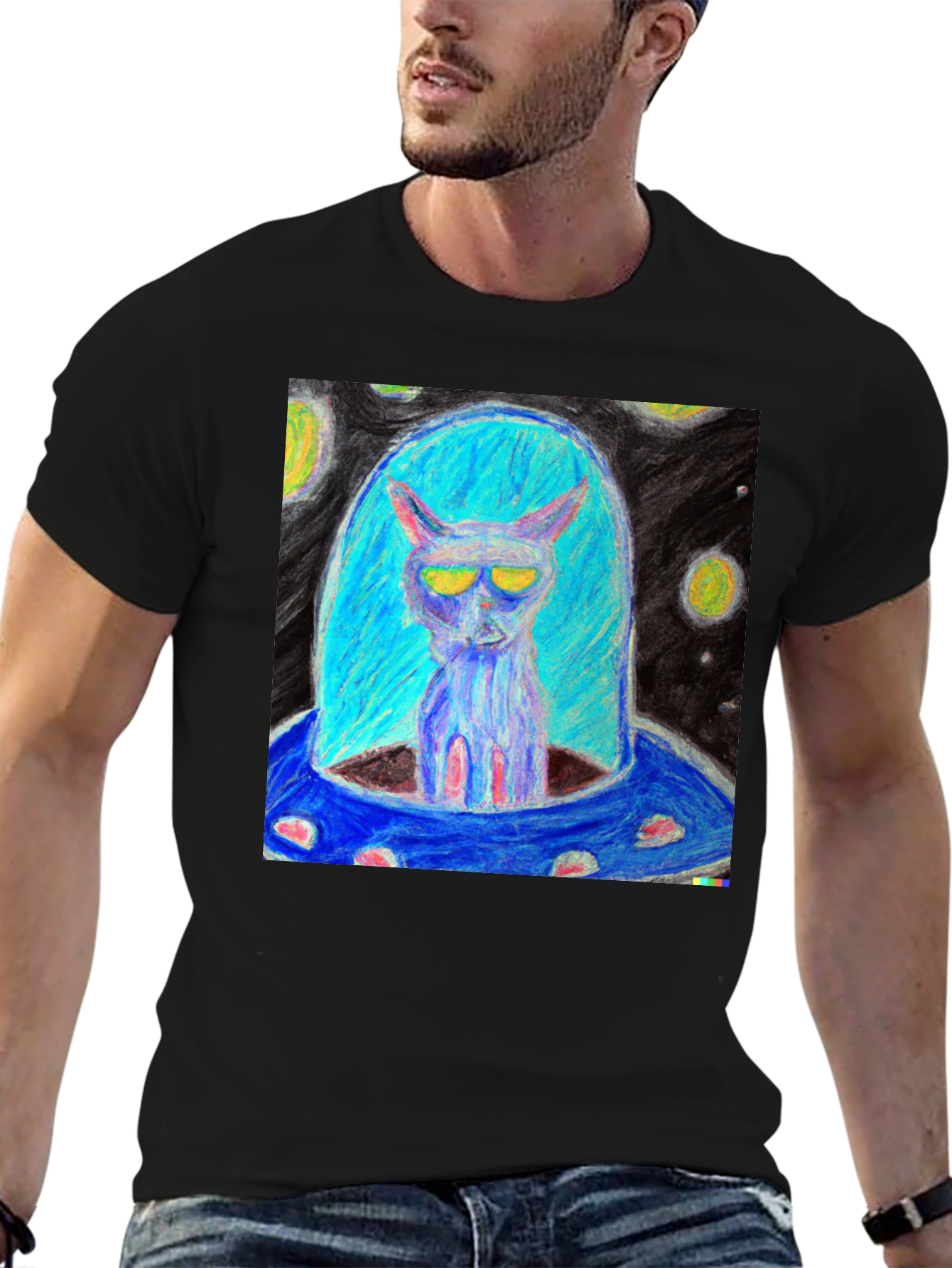 Alien Cat UFO Graphic Tee - Black