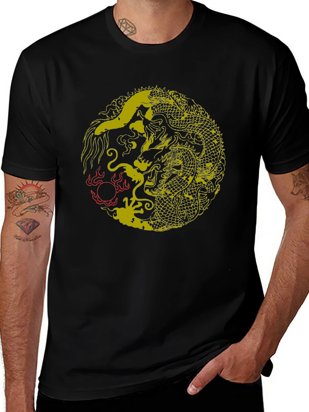 Yin Yang Dragon Graphic T-Shirt - Stylish Black Tee