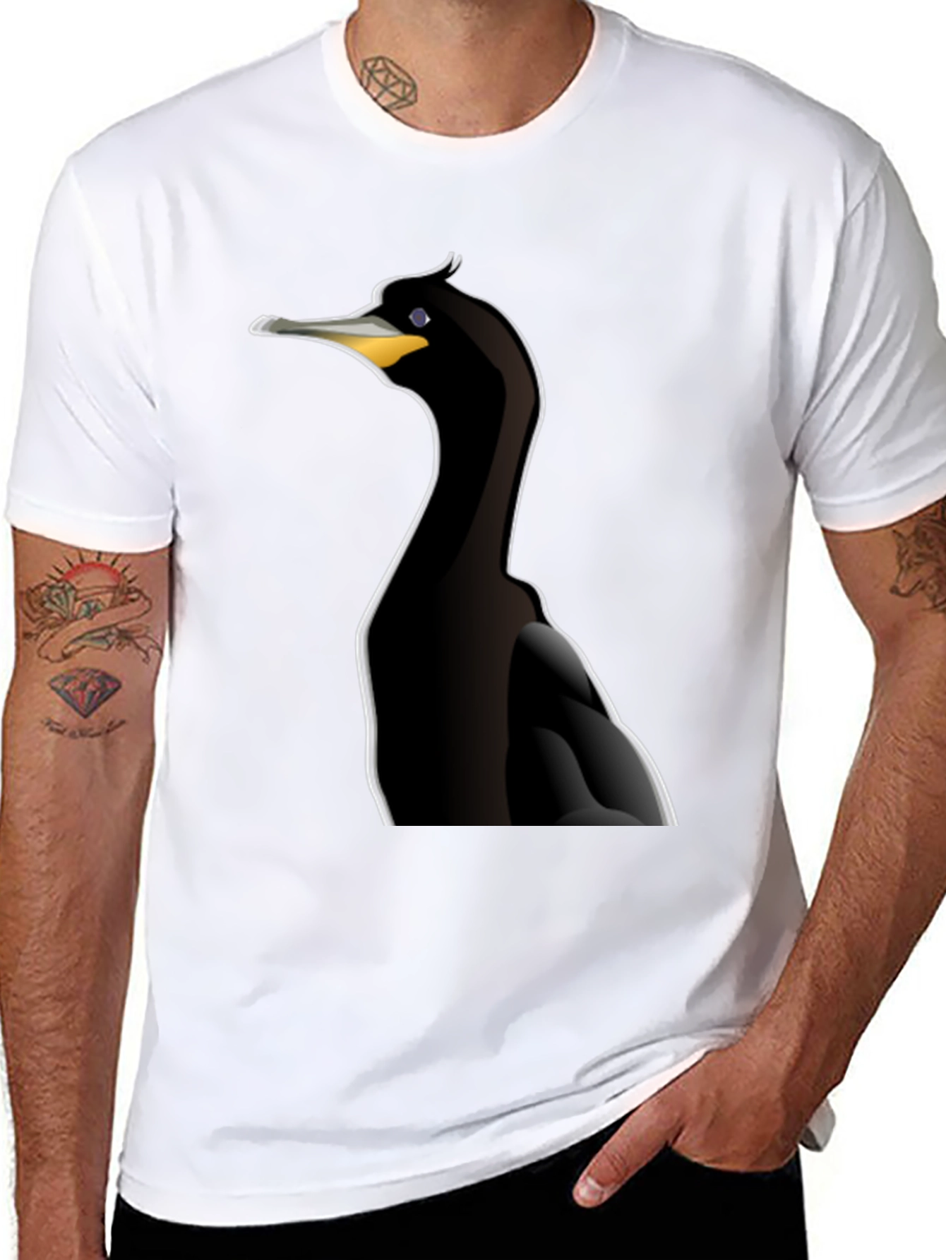 Cormorant Bird Graphic Tee - Black Cotton T-Shirt