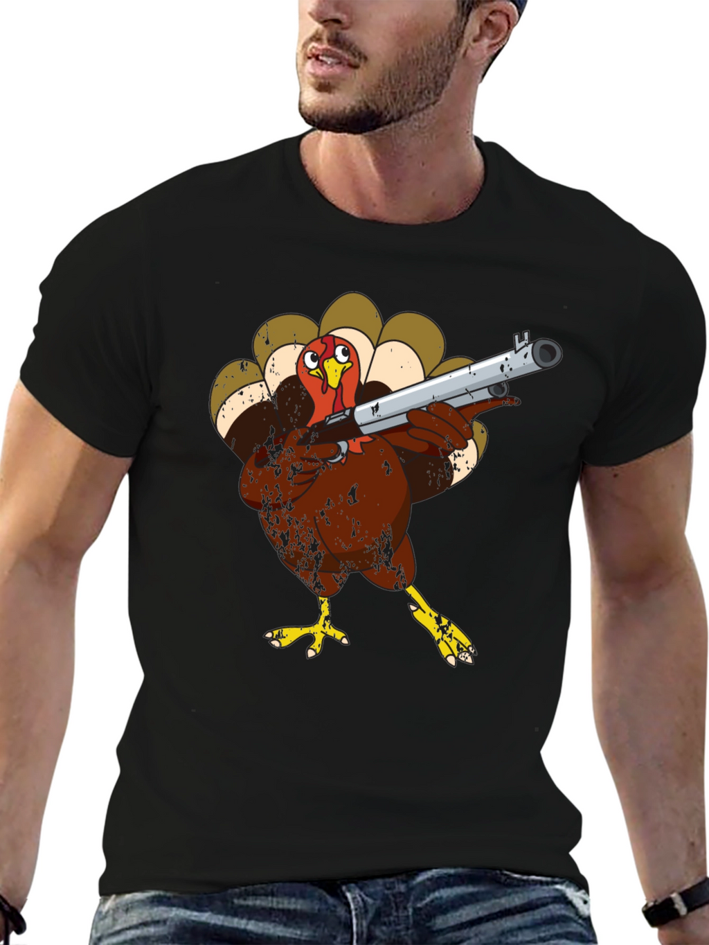 Turkey with Shotgun Black T-Shirt - Funny Thanksgiving Tee