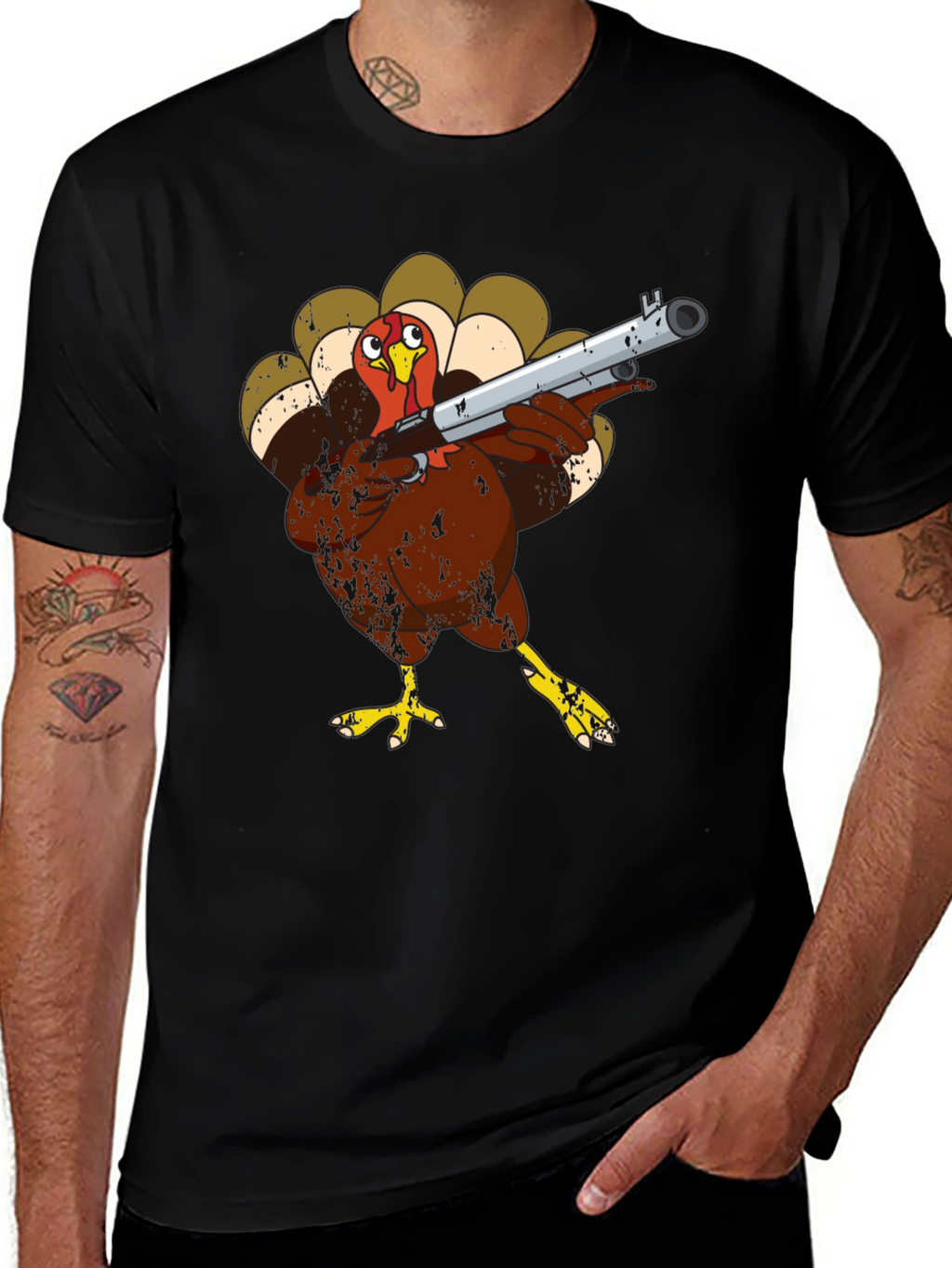 Turkey with Shotgun Black T-Shirt - Funny Thanksgiving Tee