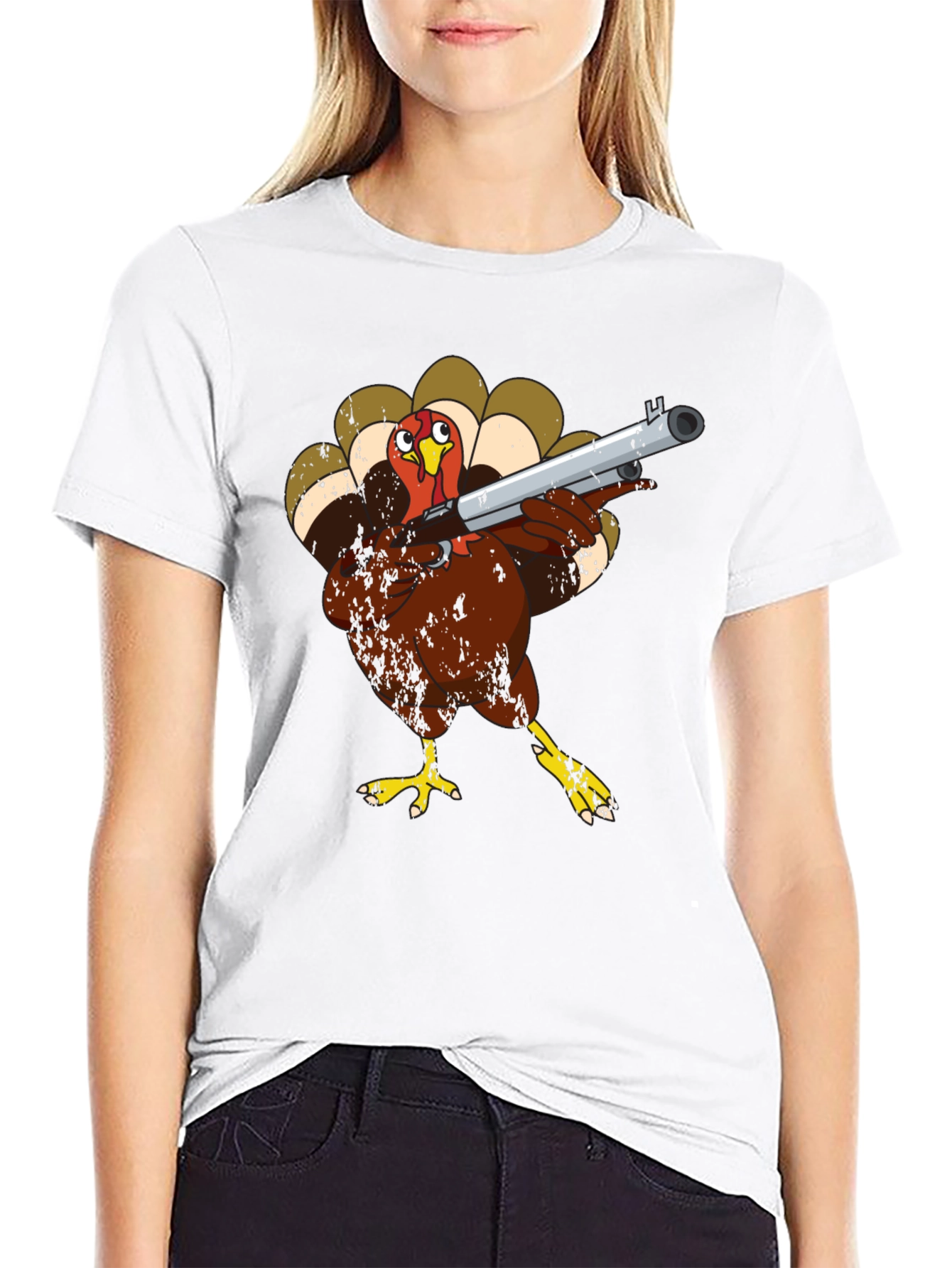 Turkey with Shotgun Black T-Shirt - Funny Thanksgiving Tee