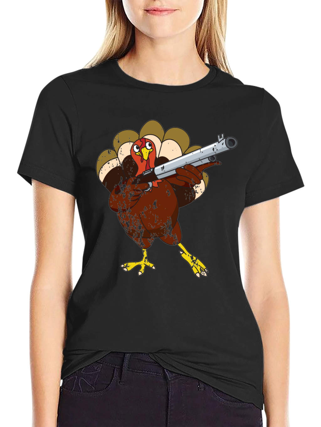 Turkey with Shotgun Black T-Shirt - Funny Thanksgiving Tee