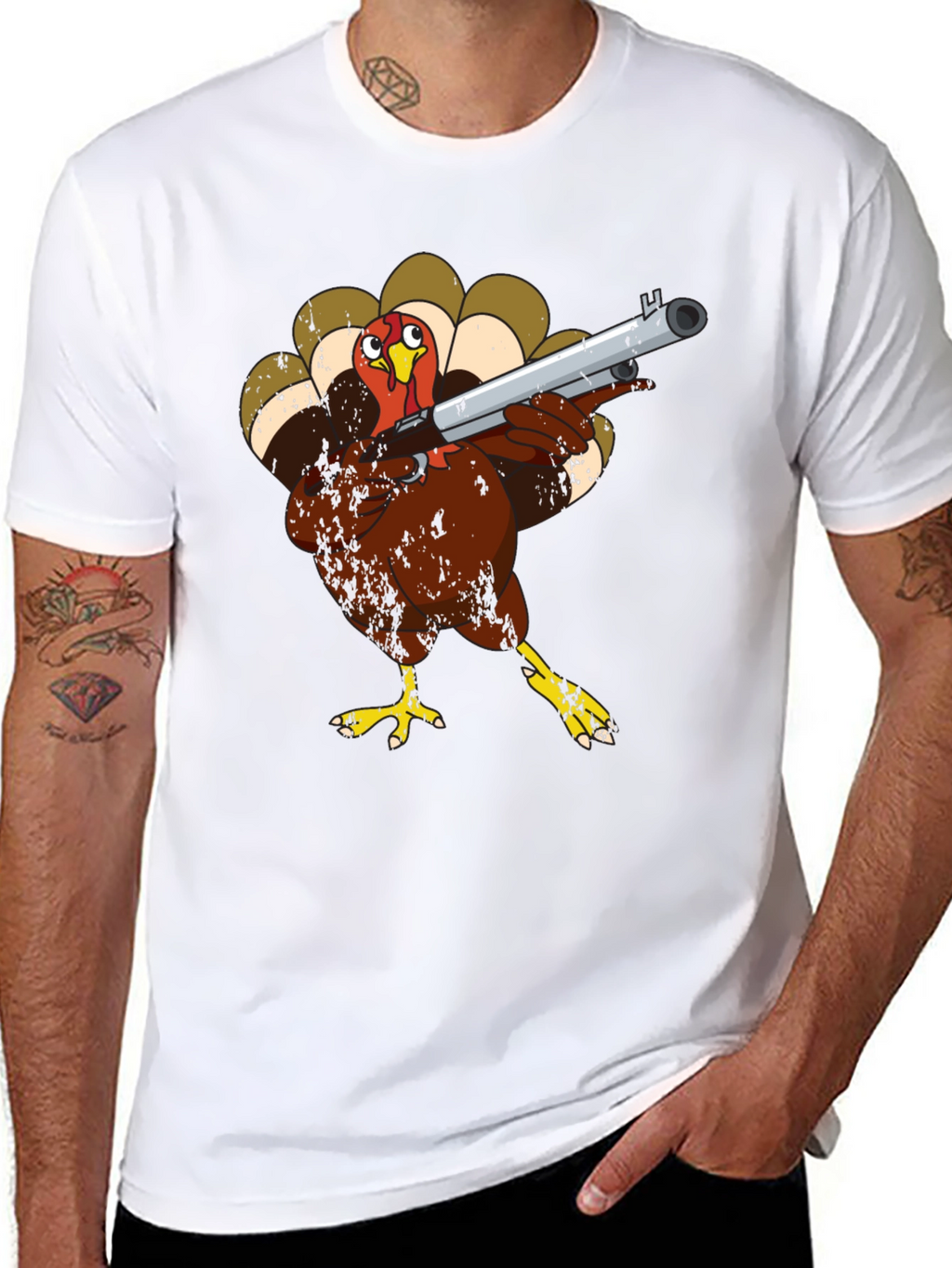 Turkey with Shotgun Black T-Shirt - Funny Thanksgiving Tee
