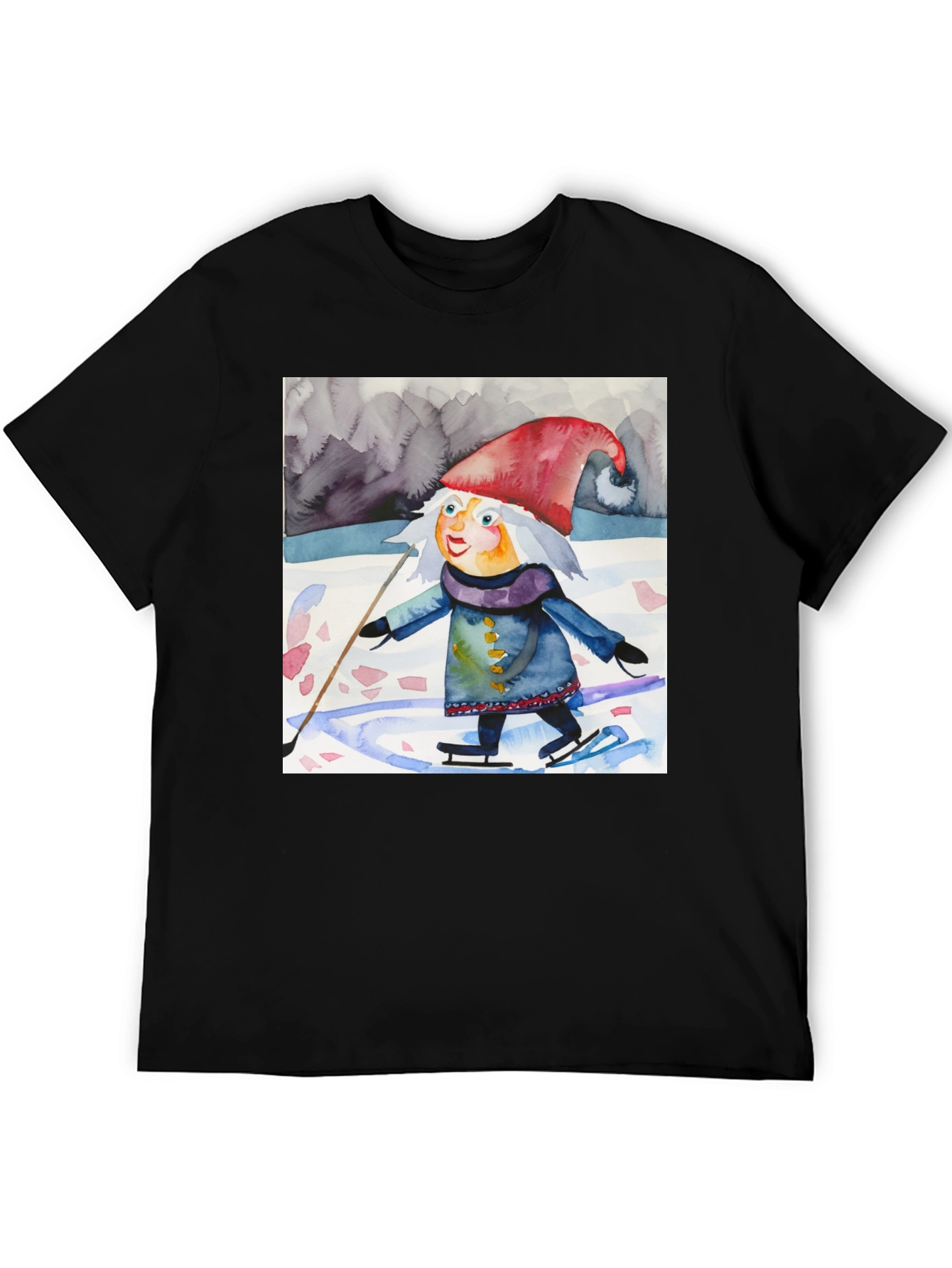 Whimsical Watercolor Gnome Ice Skating T-Shirt
