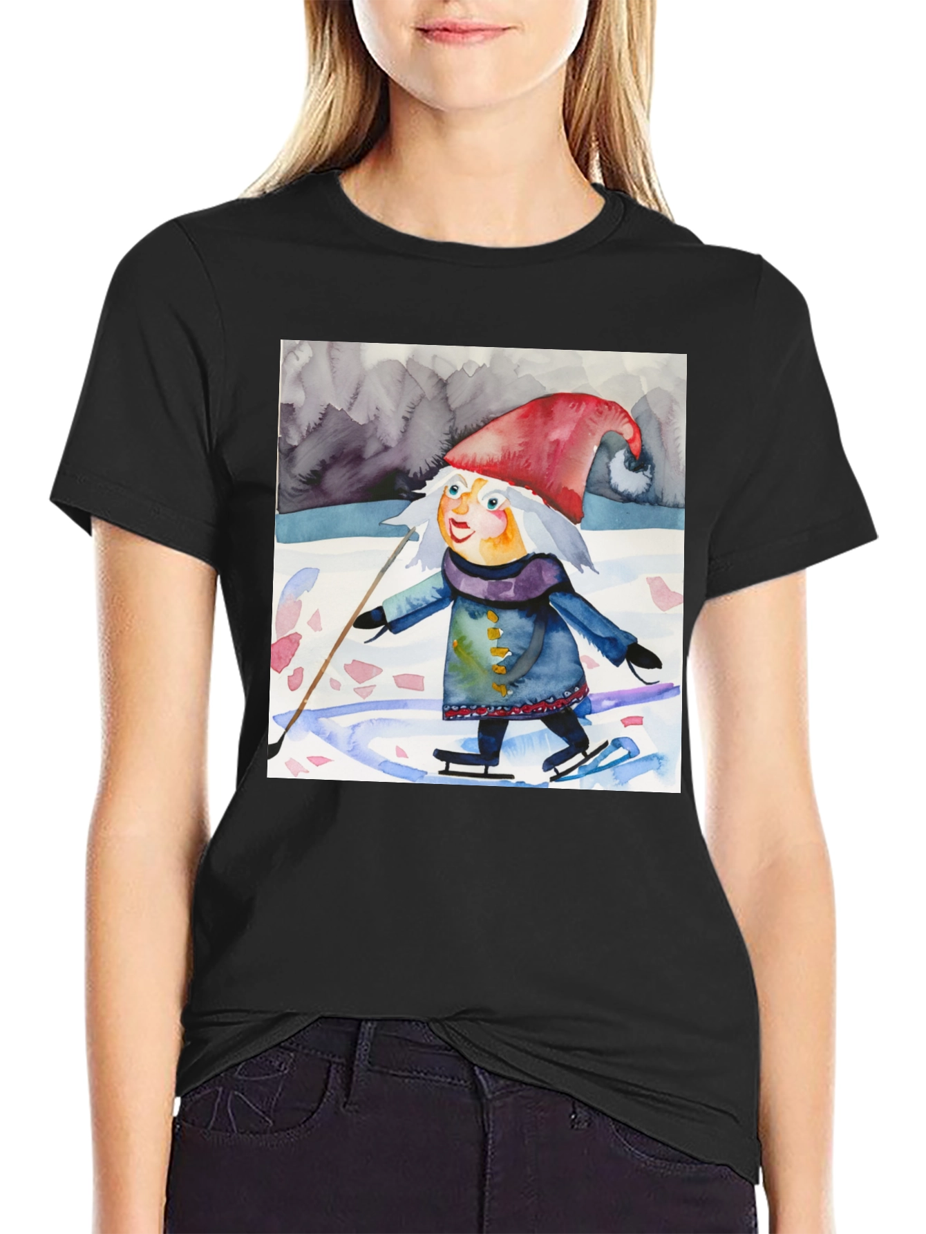 Whimsical Watercolor Gnome Ice Skating T-Shirt