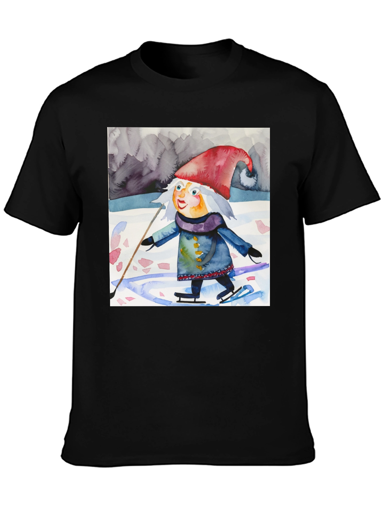 Whimsical Watercolor Gnome Ice Skating T-Shirt