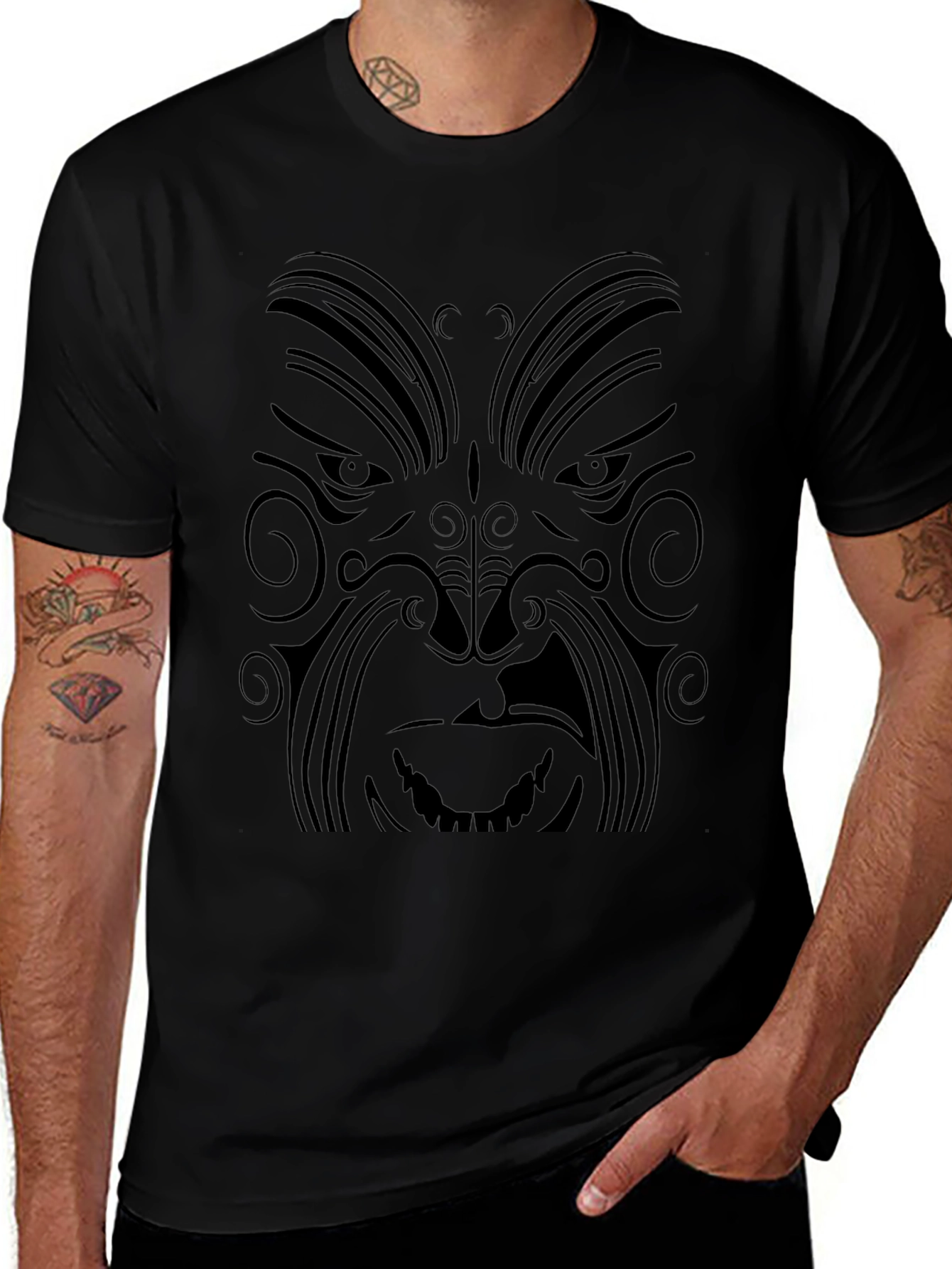 Tribal Face Graphic Black T-Shirt - Mens Style