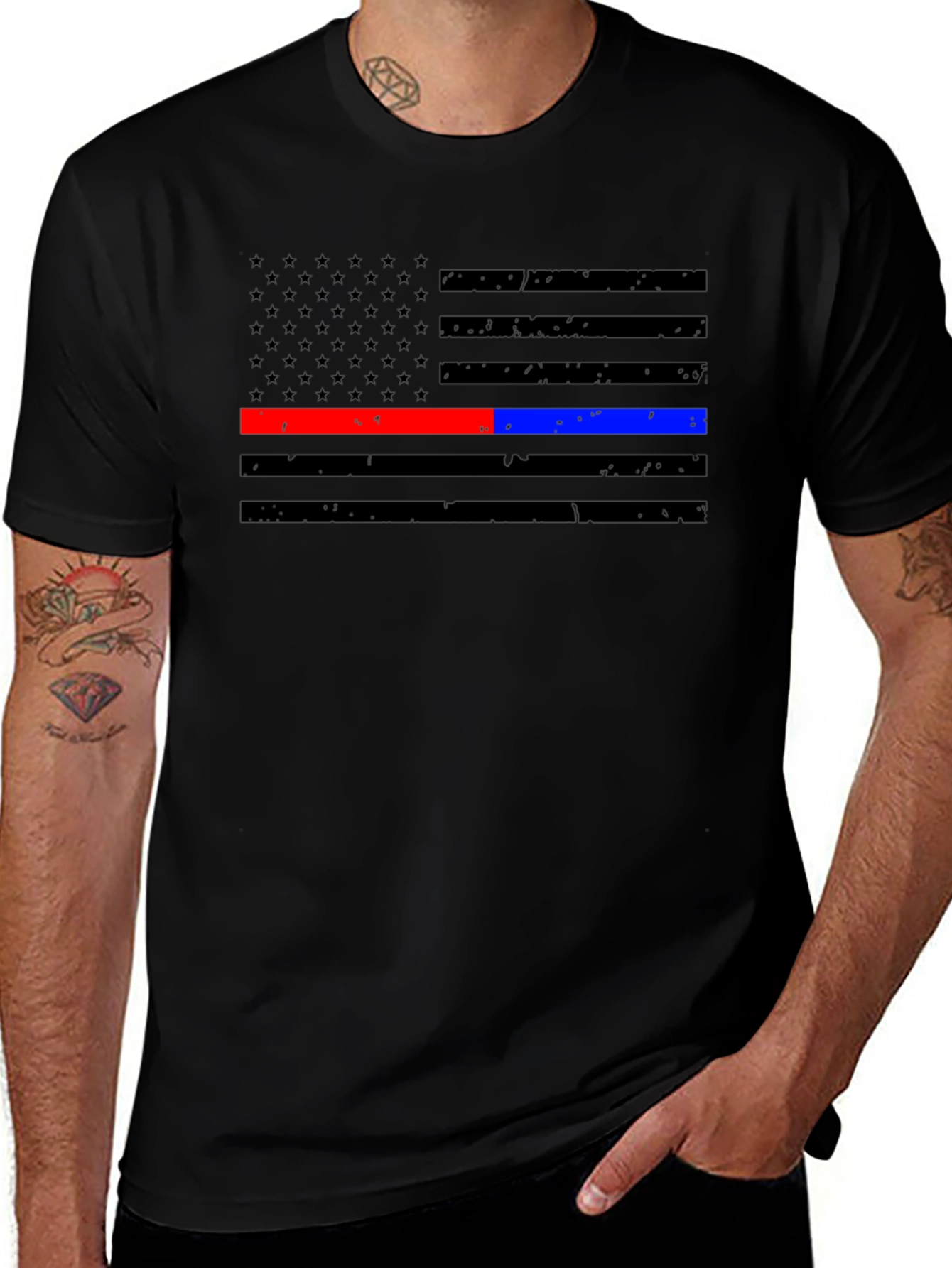Thin Red Blue Line Flag T-Shirt - Support Fire & Police