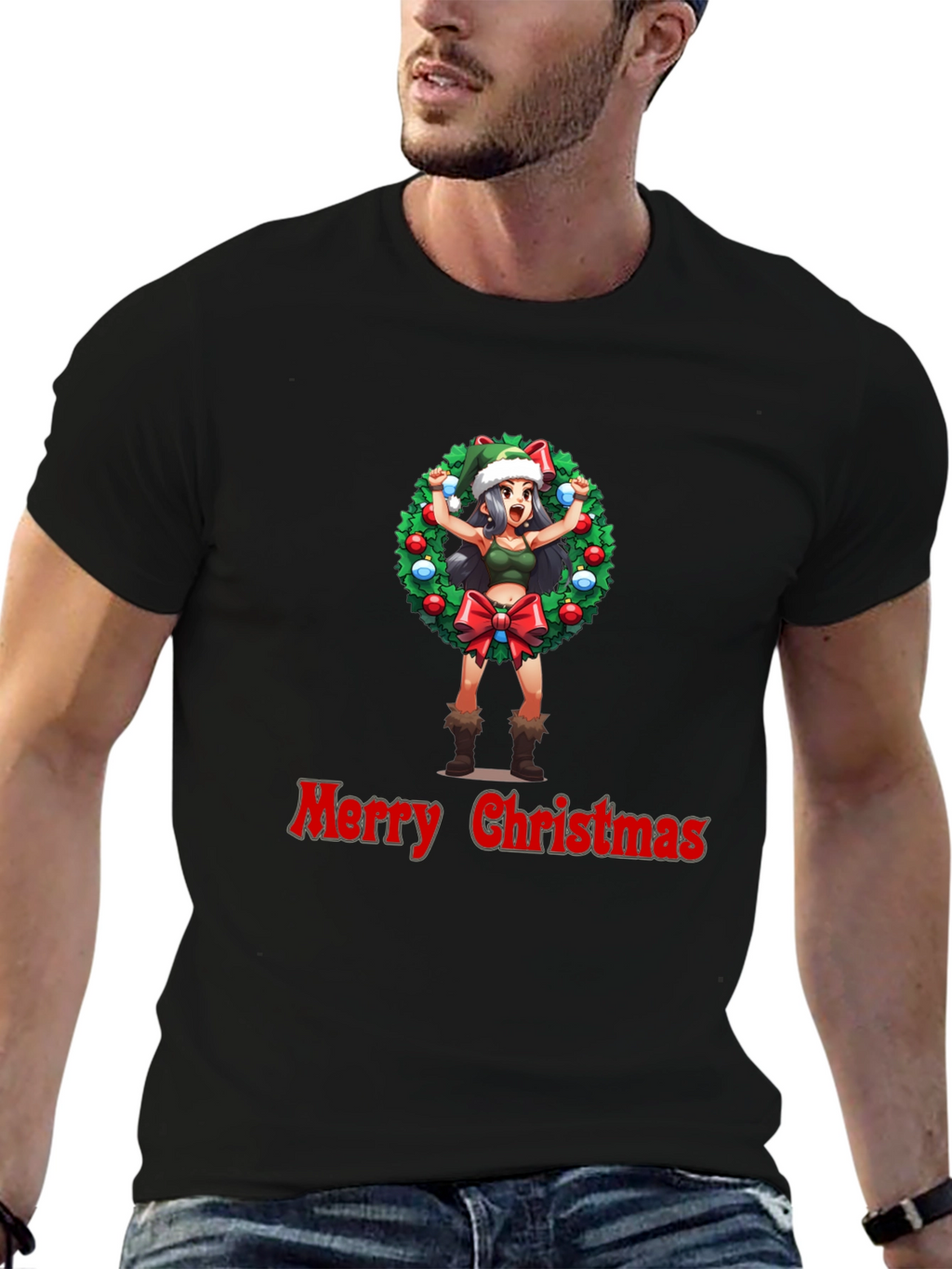 Merry Christmas Anime Girl Wreath Black T-Shirt