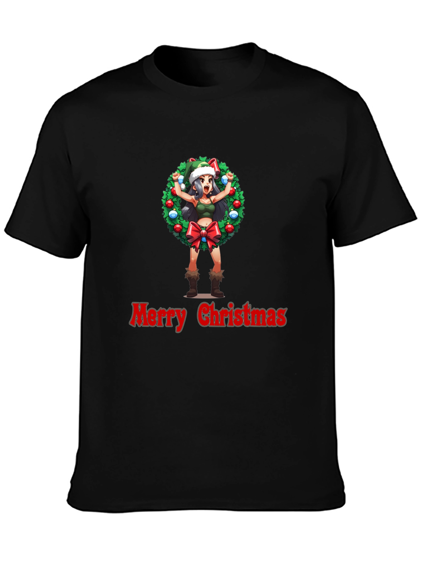 Merry Christmas Anime Girl Wreath Black T-Shirt