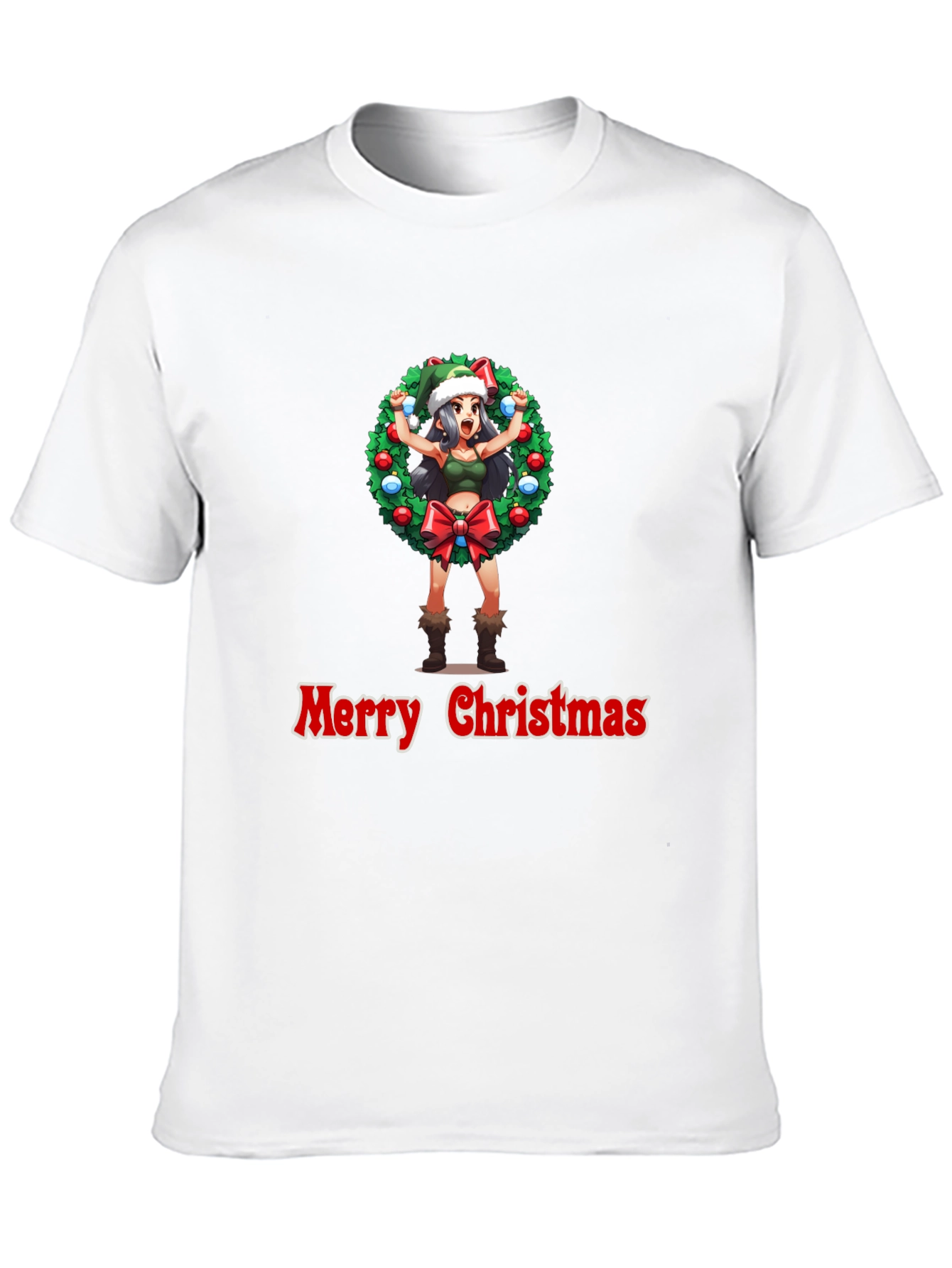 Merry Christmas Anime Girl Wreath Black T-Shirt