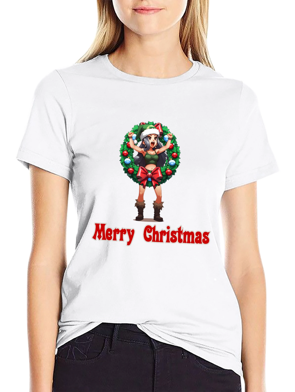 Merry Christmas Anime Girl Wreath Black T-Shirt