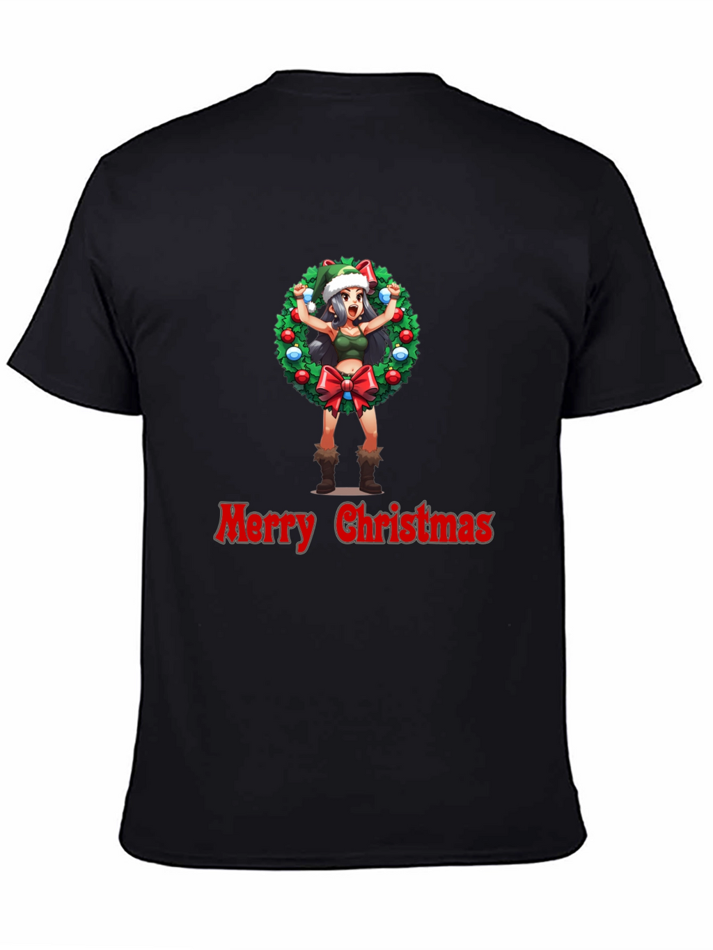Merry Christmas Anime Girl Wreath Black T-Shirt