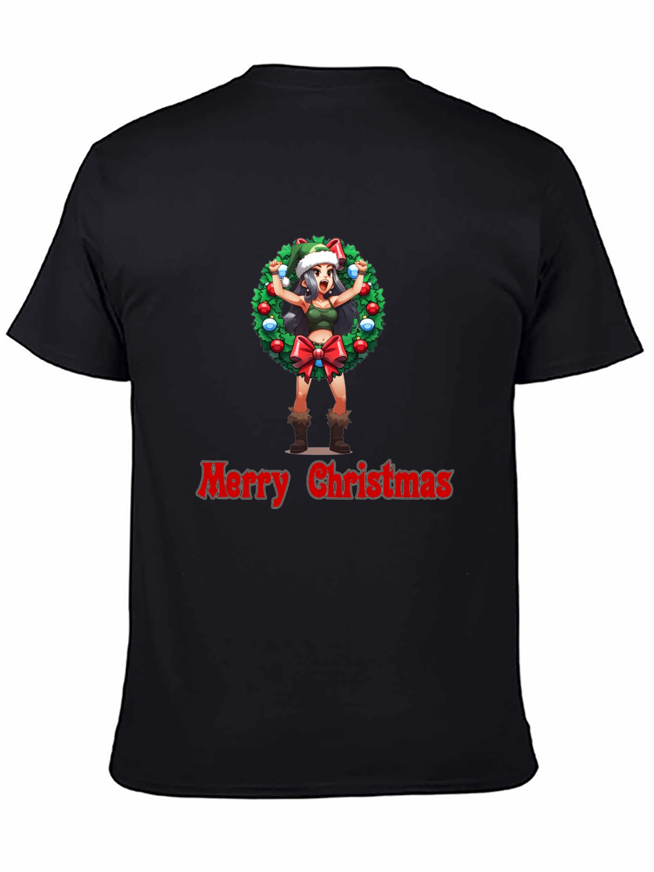 Merry Christmas Anime Girl Wreath Black T-Shirt