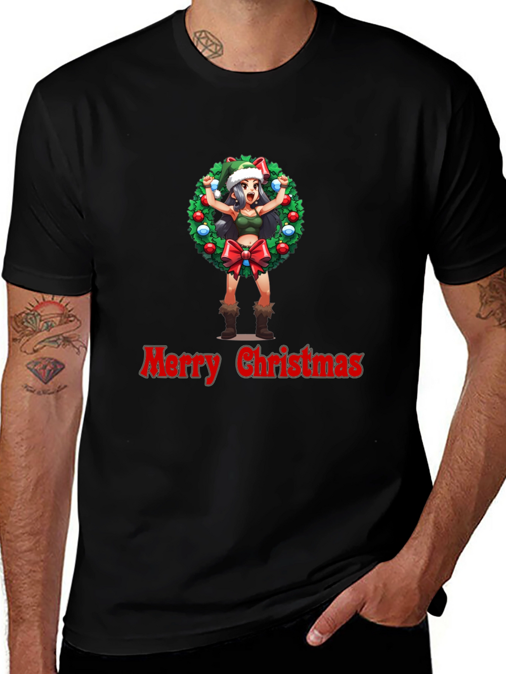 Merry Christmas Anime Girl Wreath Black T-Shirt
