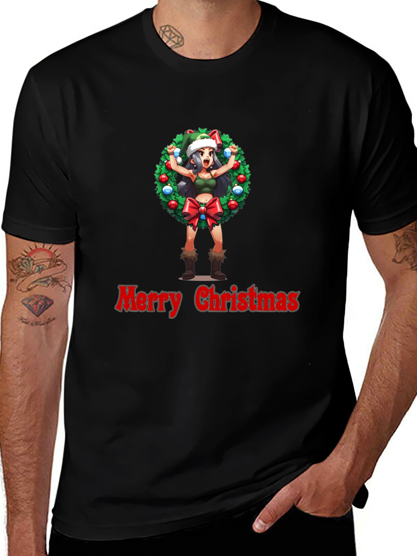 Merry Christmas Anime Girl Wreath Black T-Shirt