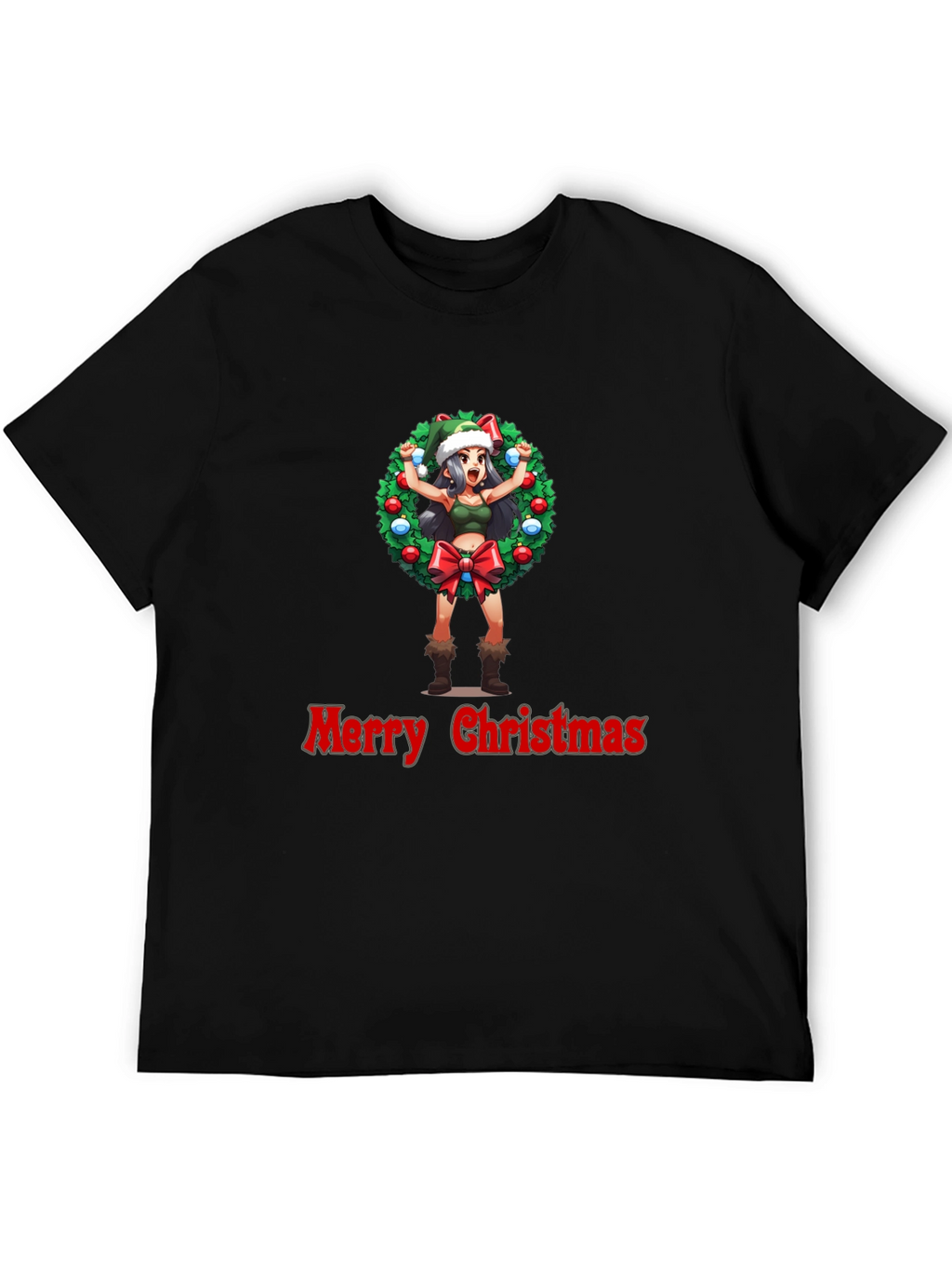 Merry Christmas Anime Girl Wreath Black T-Shirt