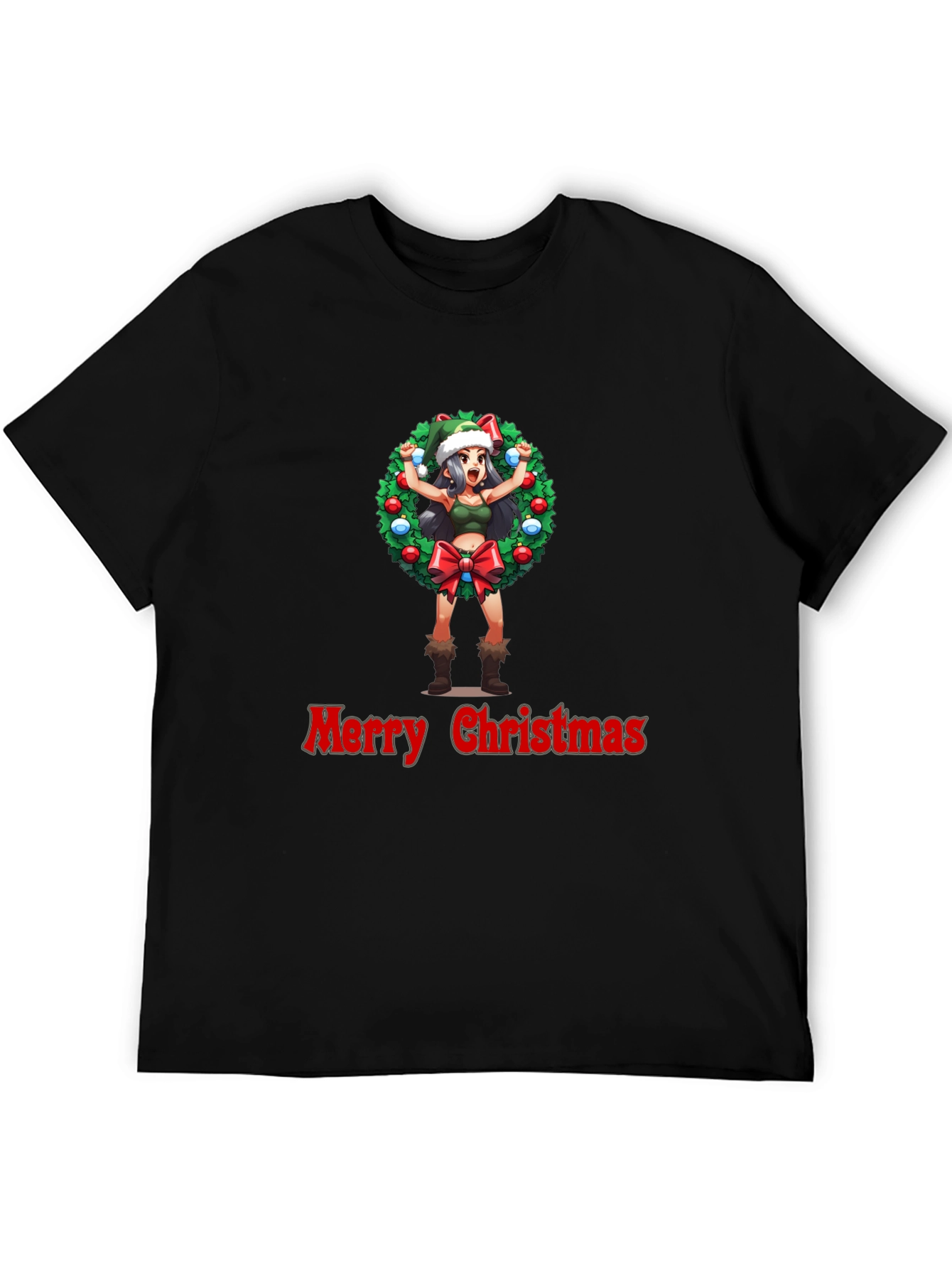 Merry Christmas Anime Girl Wreath Black T-Shirt