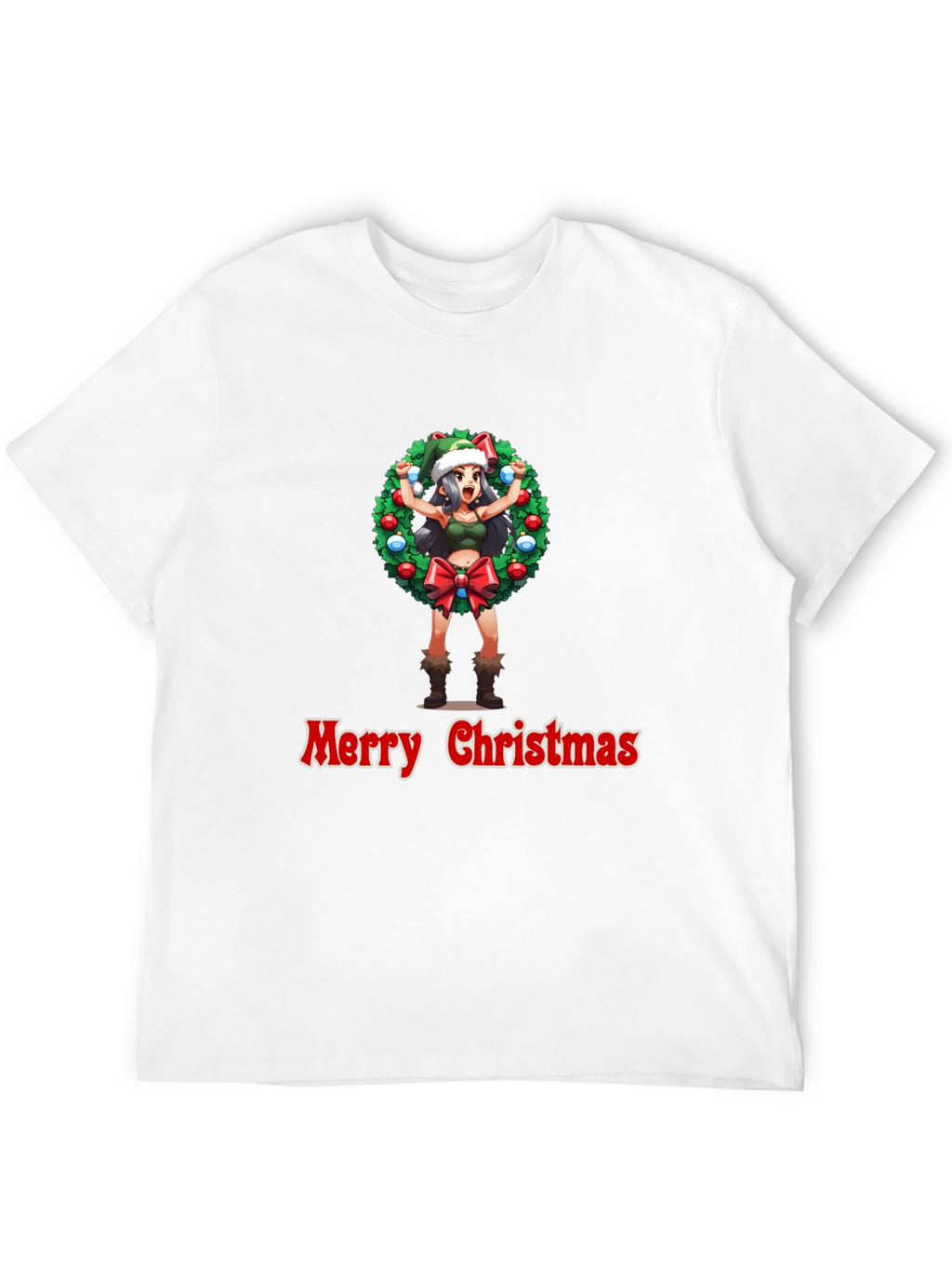 Merry Christmas Anime Girl Wreath Black T-Shirt