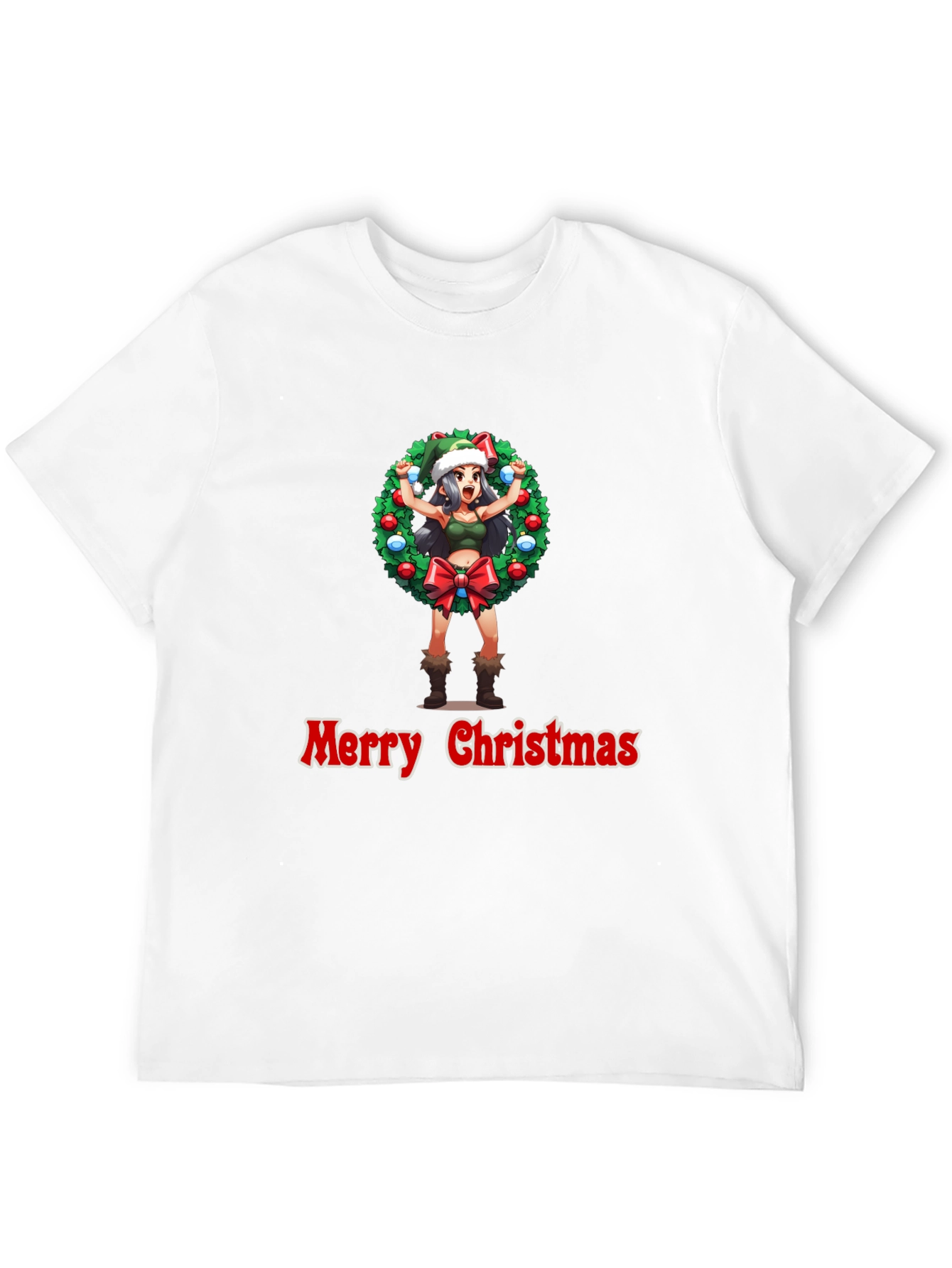 Merry Christmas Anime Girl Wreath Black T-Shirt