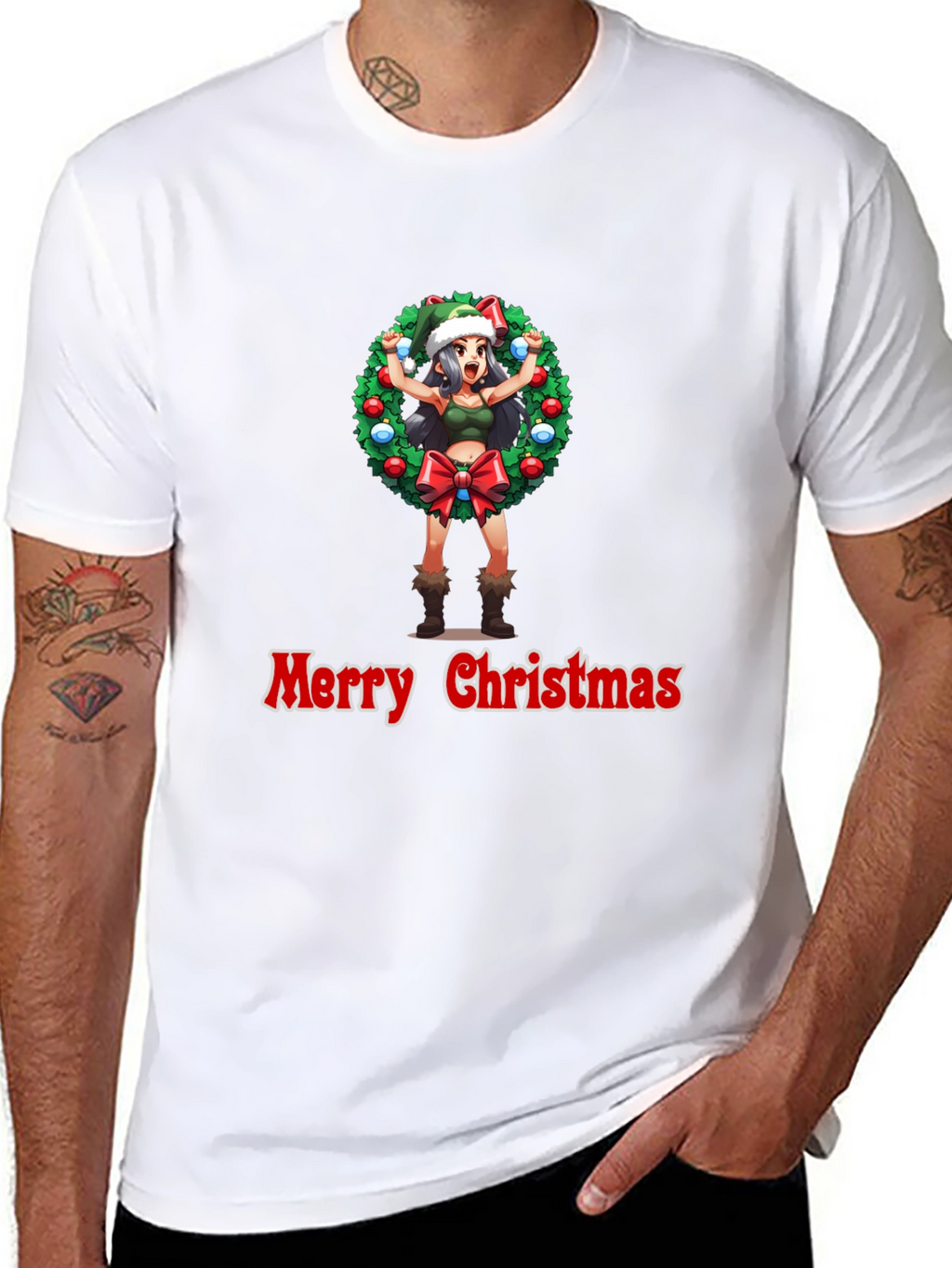 Merry Christmas Anime Girl Wreath Black T-Shirt