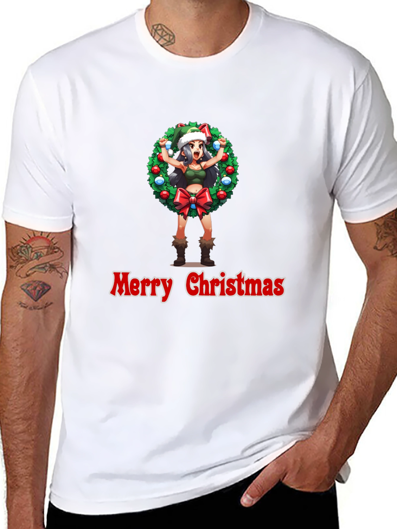 Merry Christmas Anime Girl Wreath Black T-Shirt