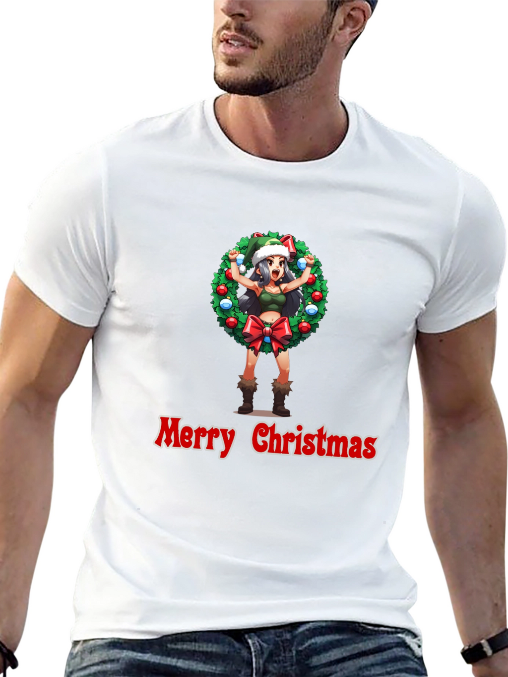 Merry Christmas Anime Girl Wreath Black T-Shirt