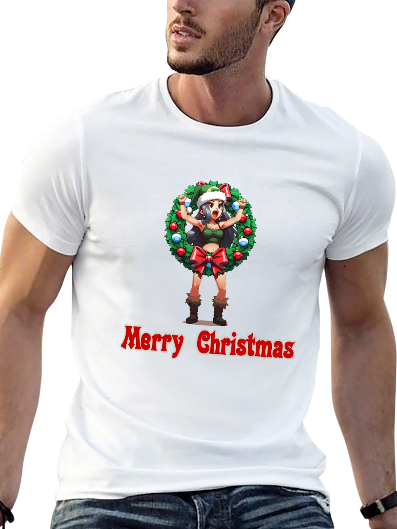 Merry Christmas Anime Girl Wreath Black T-Shirt
