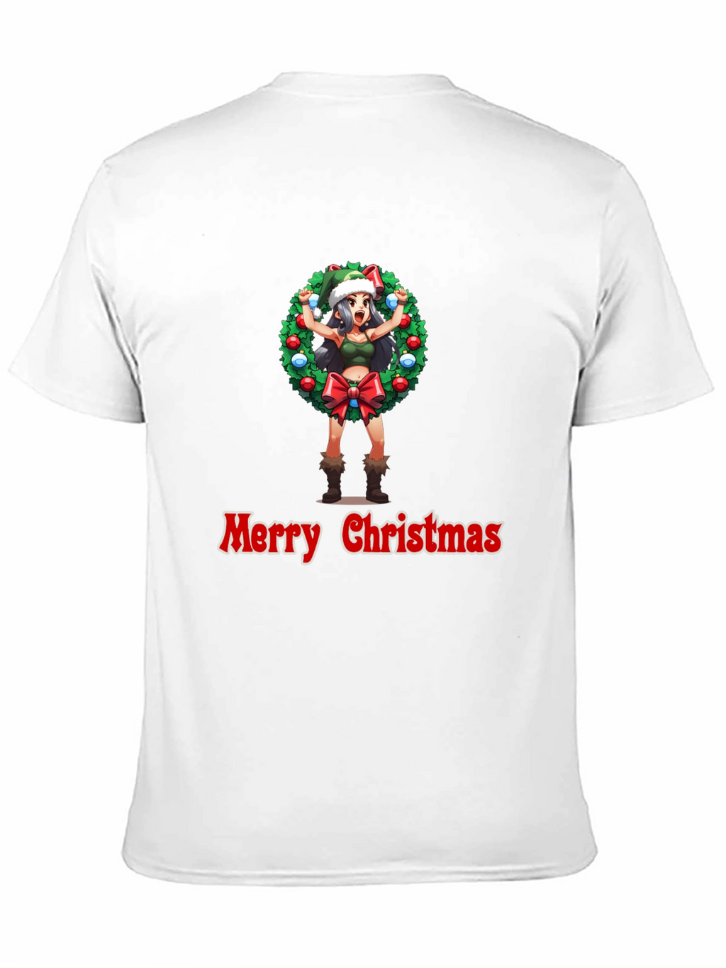 Merry Christmas Anime Girl Wreath Black T-Shirt