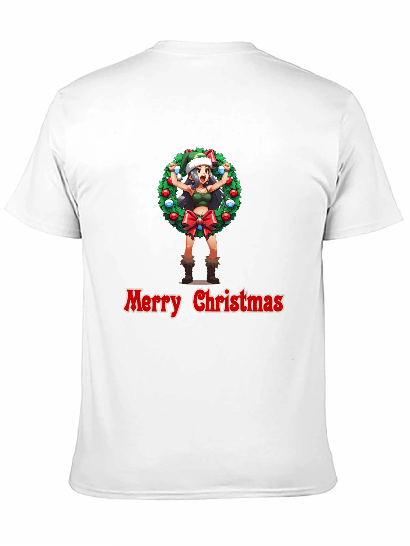 Merry Christmas Anime Girl Wreath Black T-Shirt
