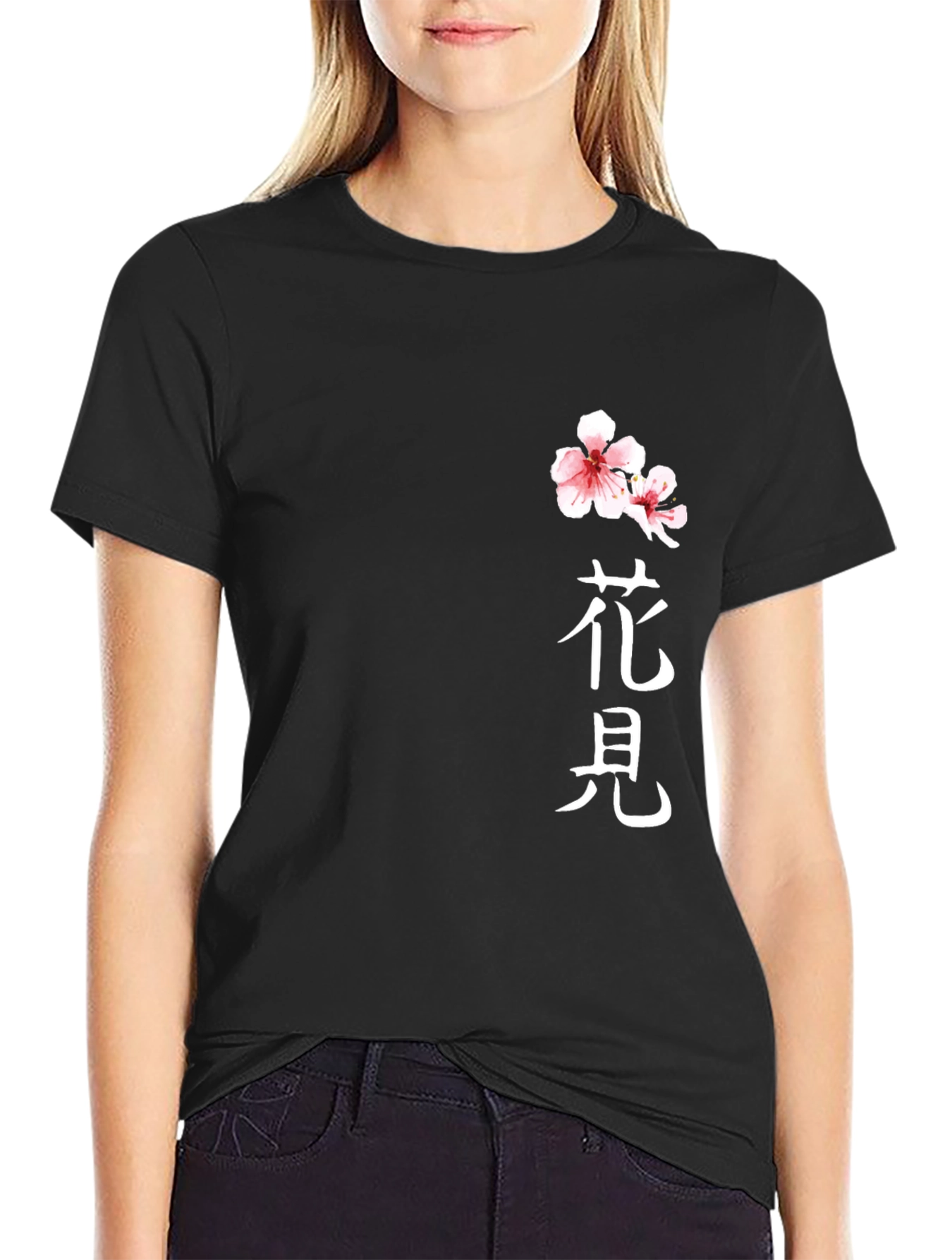 Black T-Shirt with Floral Japanese Kanji Design
