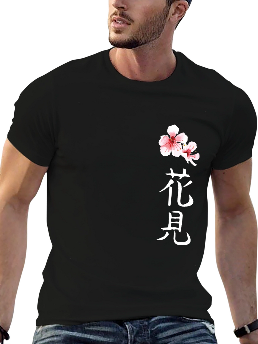 Black T-Shirt with Floral Japanese Kanji Design