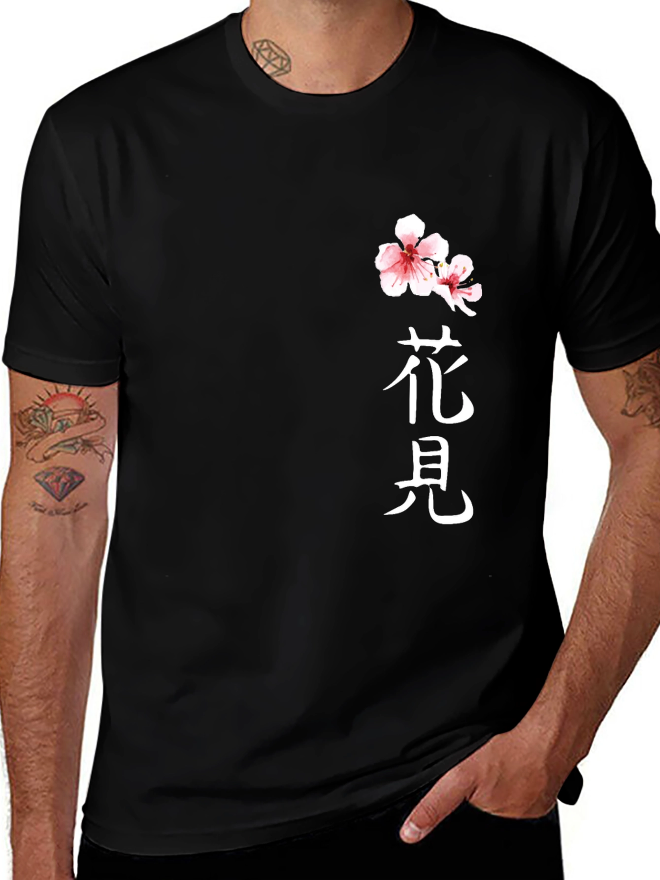 Black T-Shirt with Floral Japanese Kanji Design
