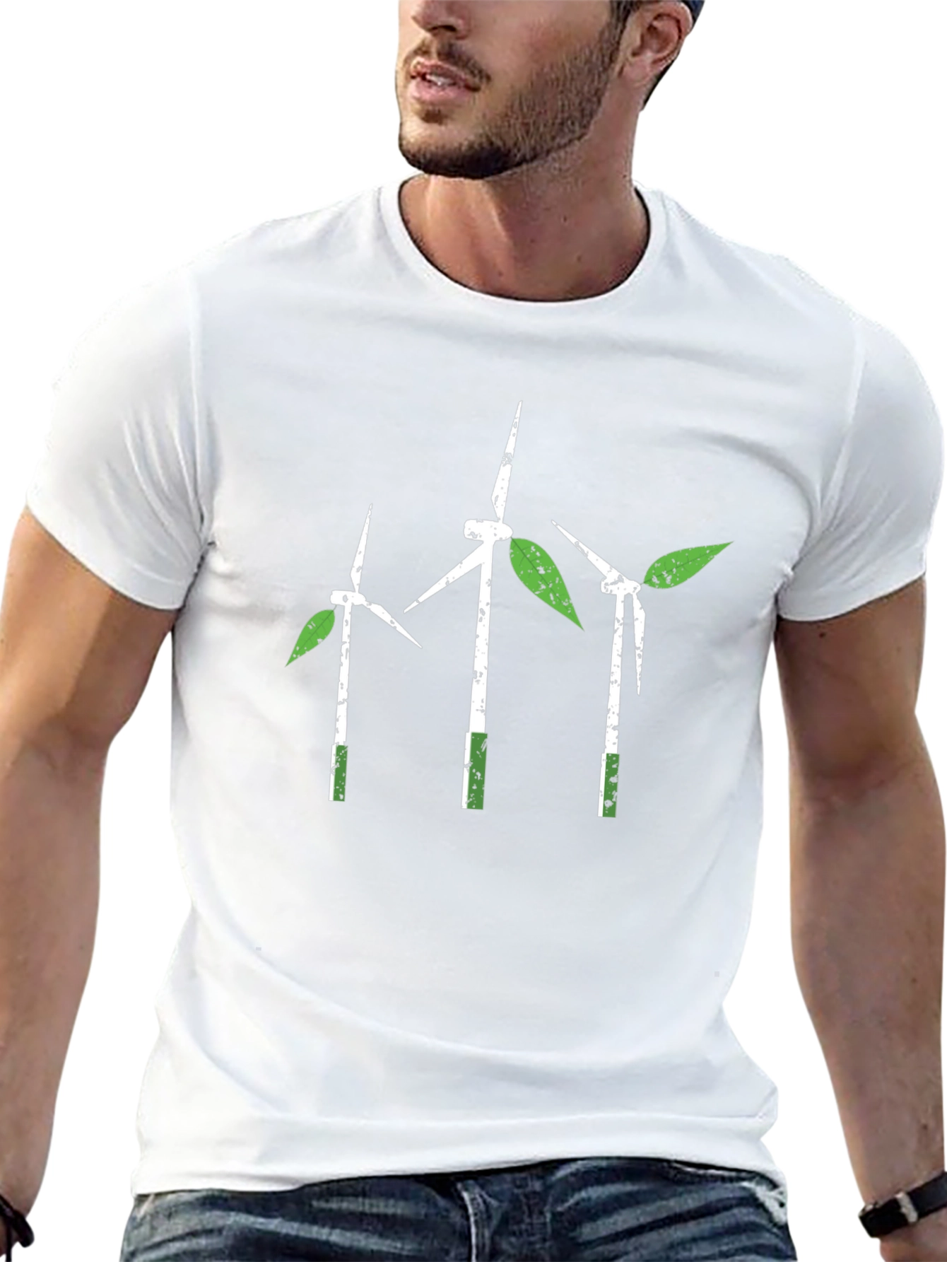 Eco-Friendly Wind Turbine Leaf Graphic T-Shirt