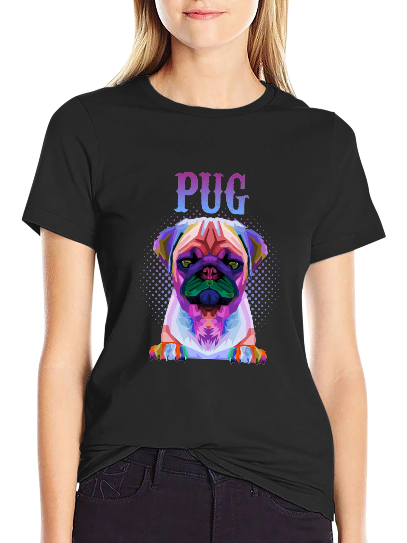 Colorful Pug Graphic Black T-Shirt