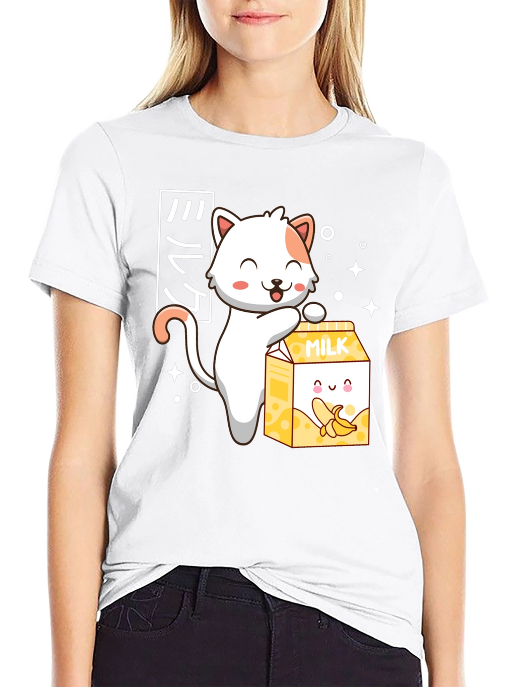 Cute Anime Cat & Banana Milk T-Shirt