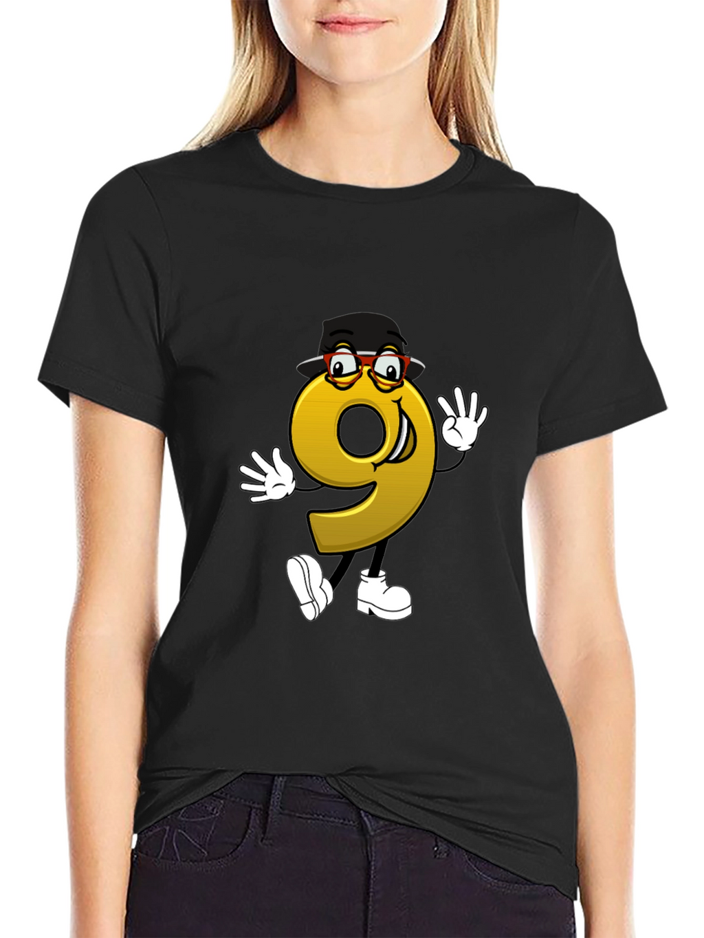 Cartoon Number 9 Graphic Tee - Black