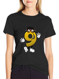 Cartoon Number 9 Graphic Tee - Black