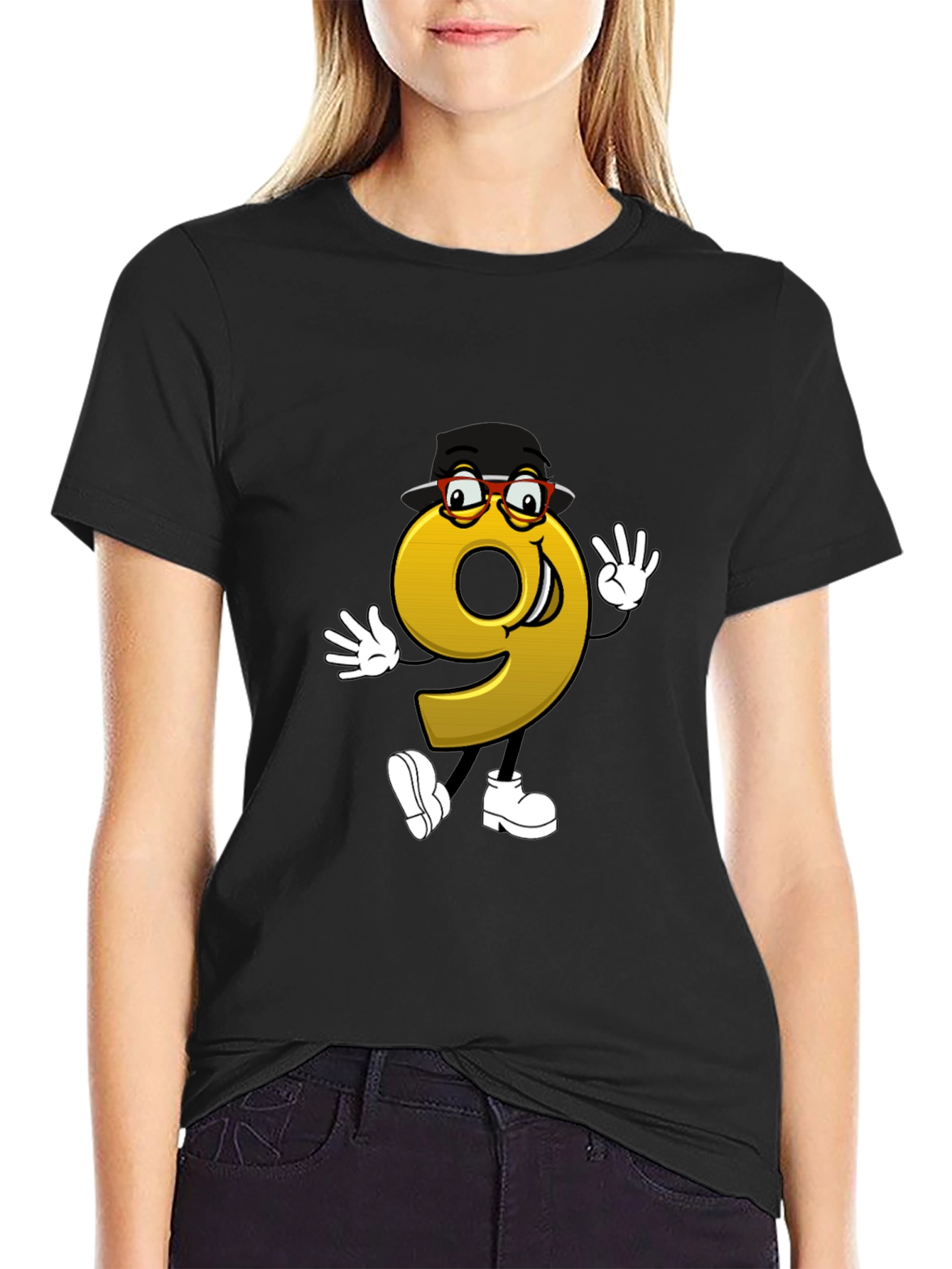 Cartoon Number 9 Graphic Tee - Black